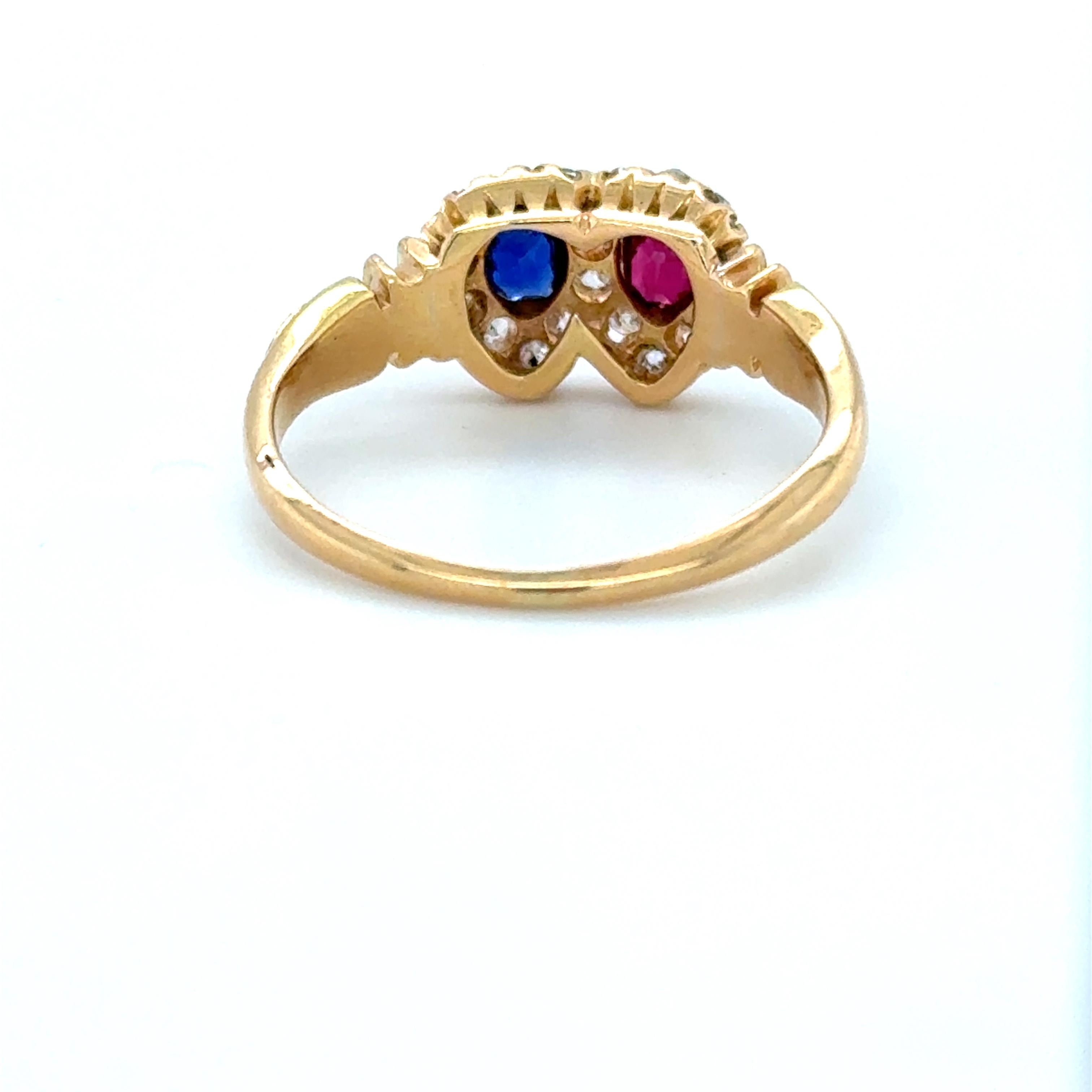 Bague édouardienne en or jaune 18 carats saphir rubis diamant Toi et Moi Cluster en vente 2