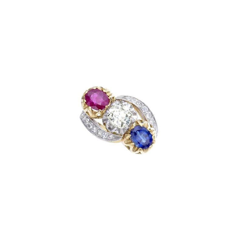 Edwardian Sapphire Ruby Old Mine Cut Diamond Gold Platinum Ring 1