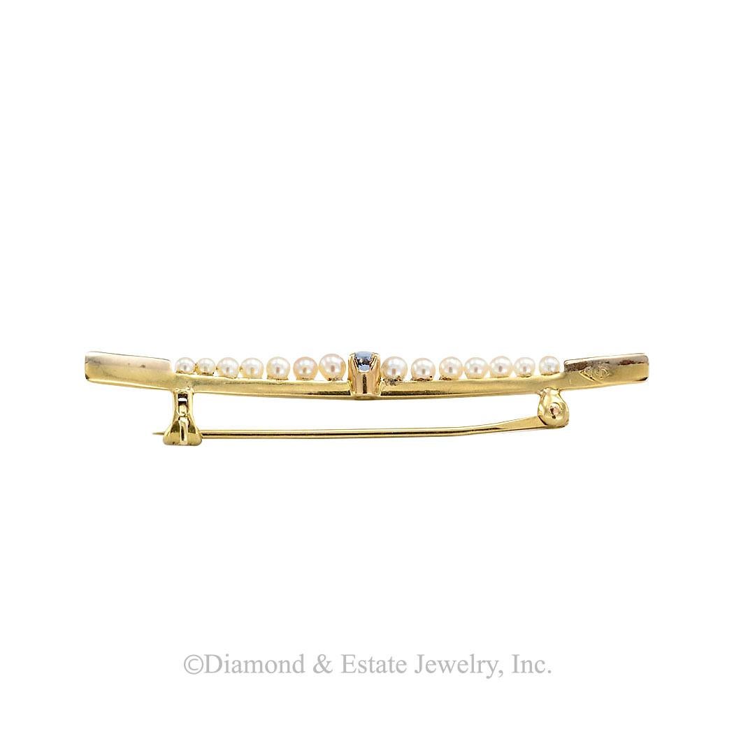 Edwardian sapphire and seed pearls yellow gold crescent brooch circa 1910.

Clear and concise information you want to know is listed below.  Contact us right away if you have additional questions.  We are here to connect you with beautiful and