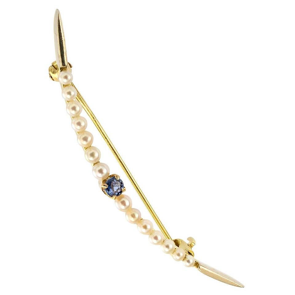 Edwardian Sapphire Seed Pearl Yellow Gold Crescent Brooch