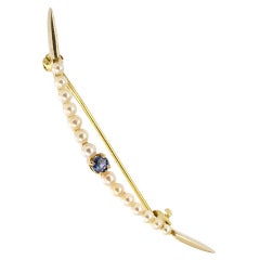 Antique Edwardian Sapphire Seed Pearl Yellow Gold Crescent Brooch