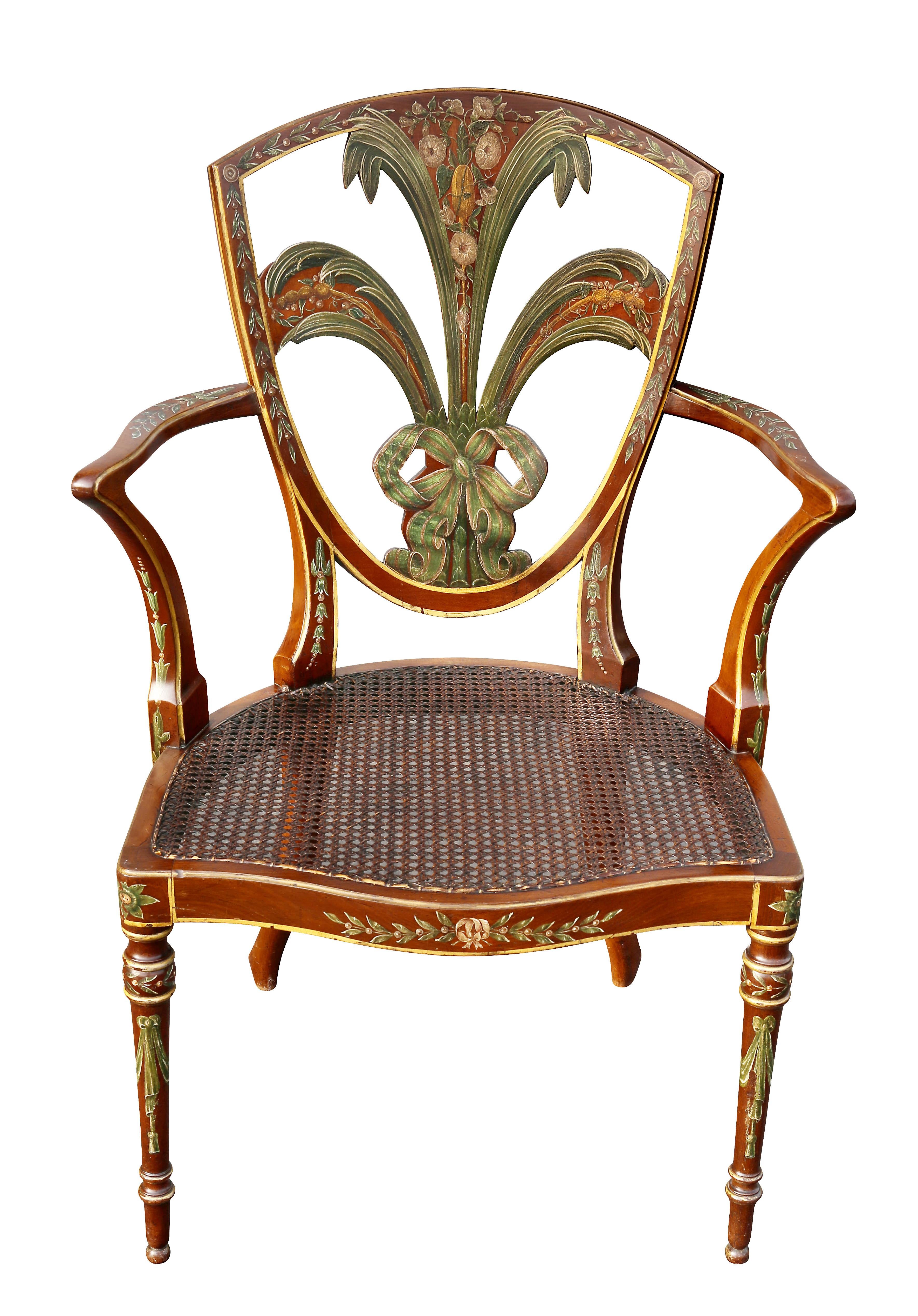 English Edwardian Satinwood and Painted Armchair For Sale