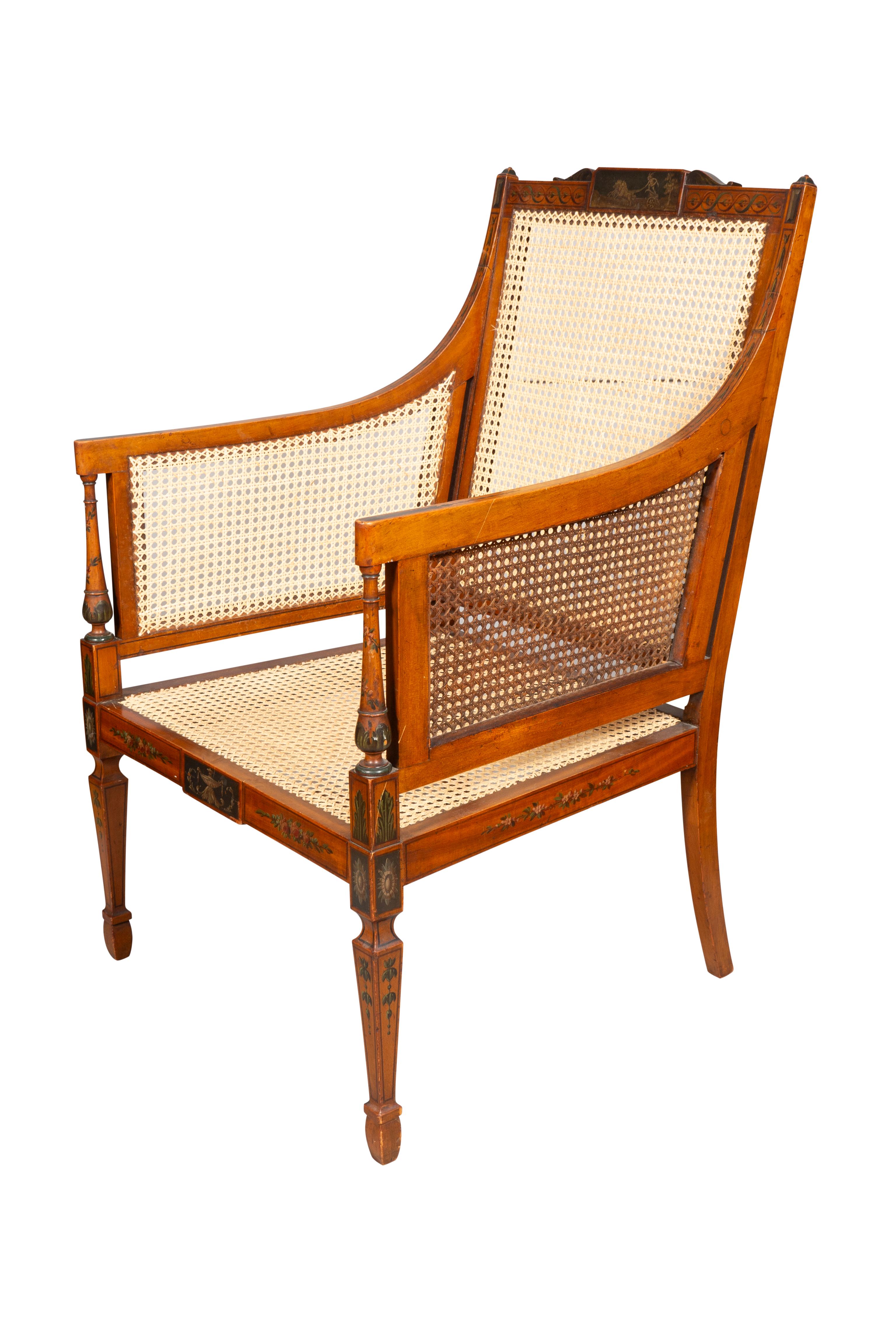 Cane Edwardian Satinwood And Painted Armchair For Sale