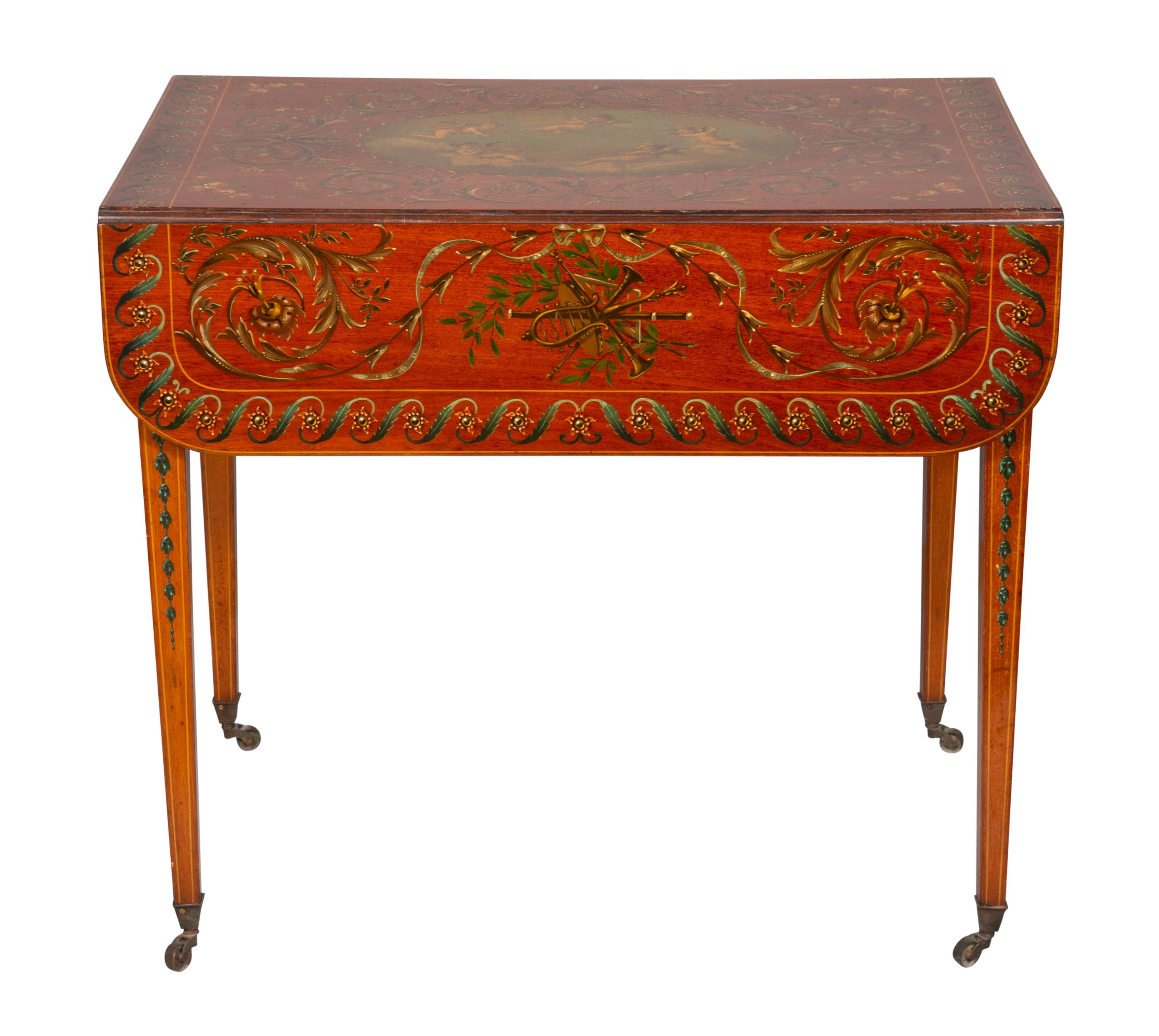 Fine quality table with a rectangular top and rectangular drop leaves, single drawer and square tapered legs and casters. Overall well painted with cherubs and scroll decorated top.