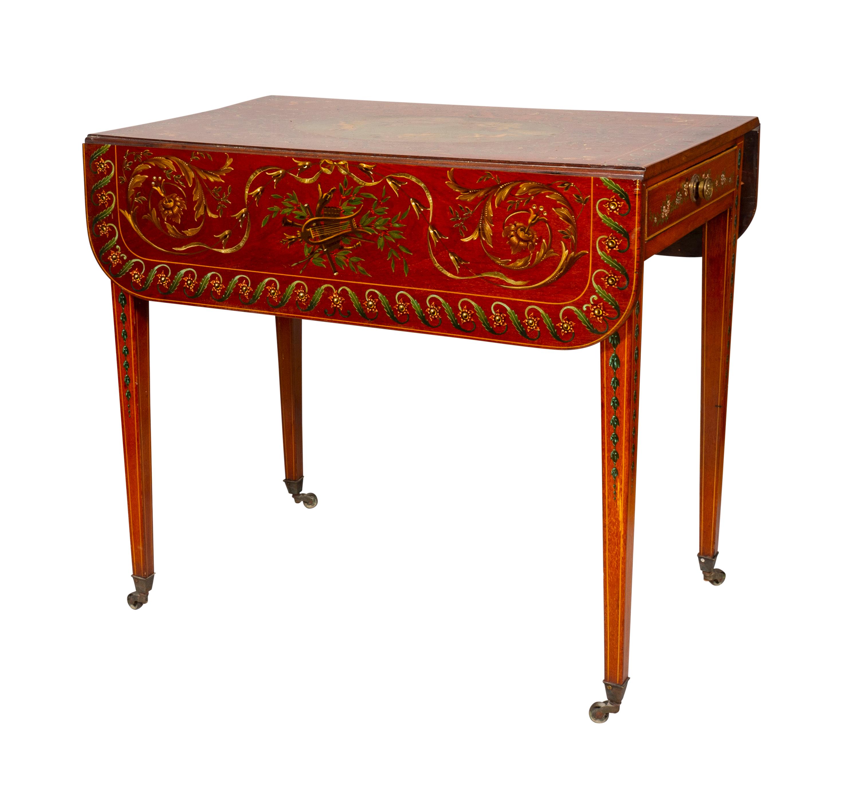 Hand-Painted Edwardian Satinwood and Painted Pembroke Table For Sale