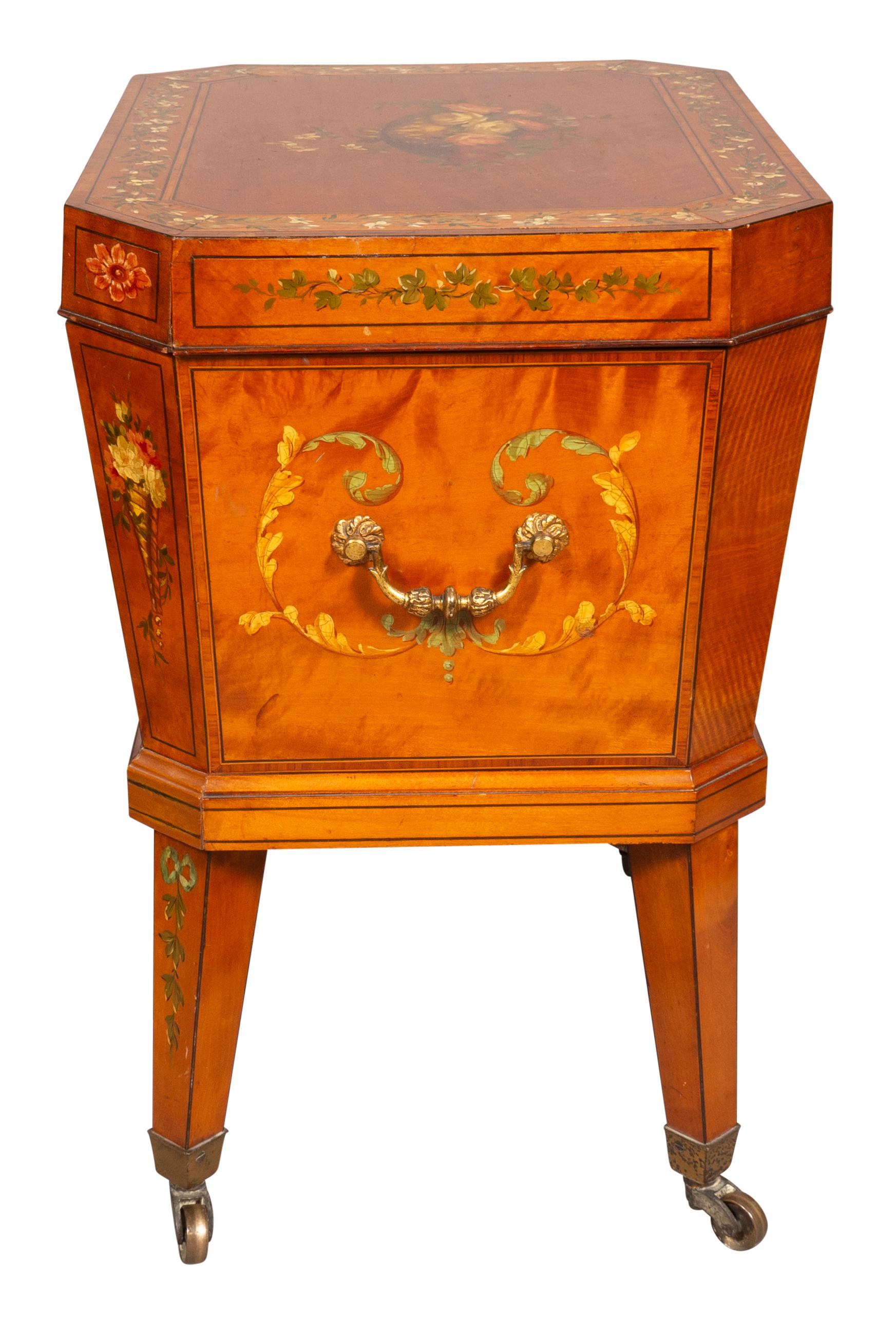 Hand-Painted Edwardian Satinwood And Painted Wine Cooler For Sale