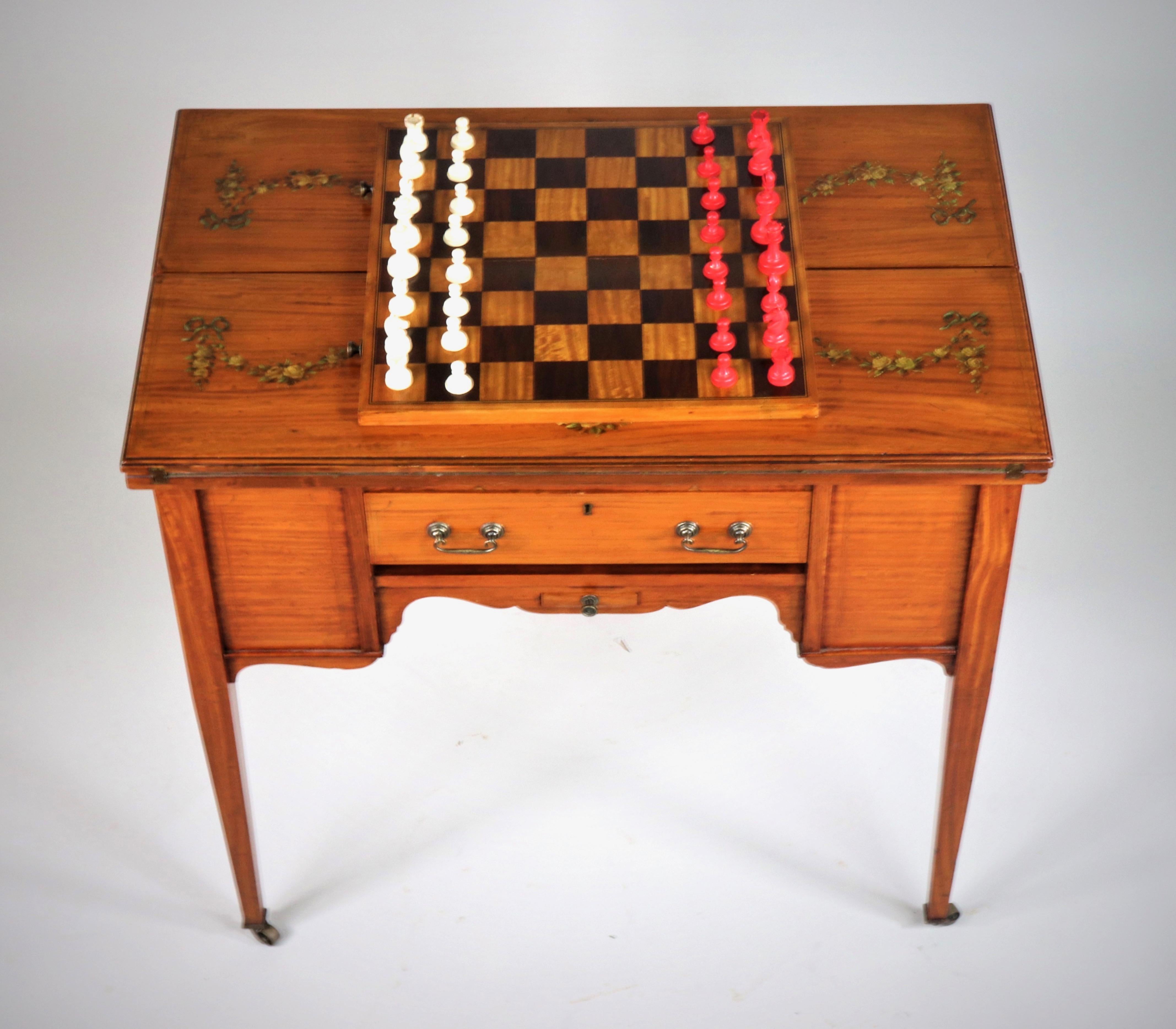 Edwardian Satinwood Hand-Painted Metamorphic Game Table For Sale 1