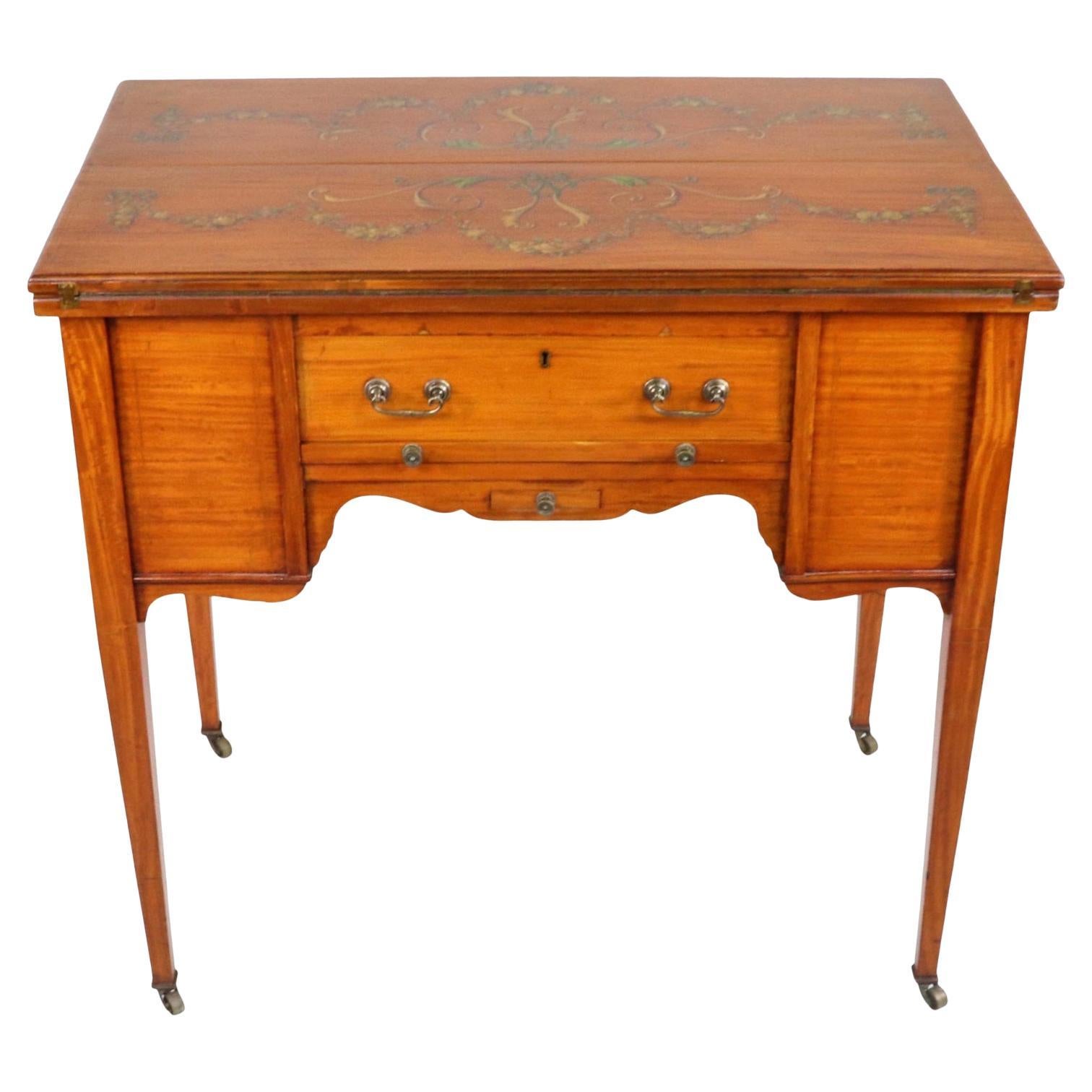 Edwardian Satinwood Hand-Painted Metamorphic Game Table For Sale