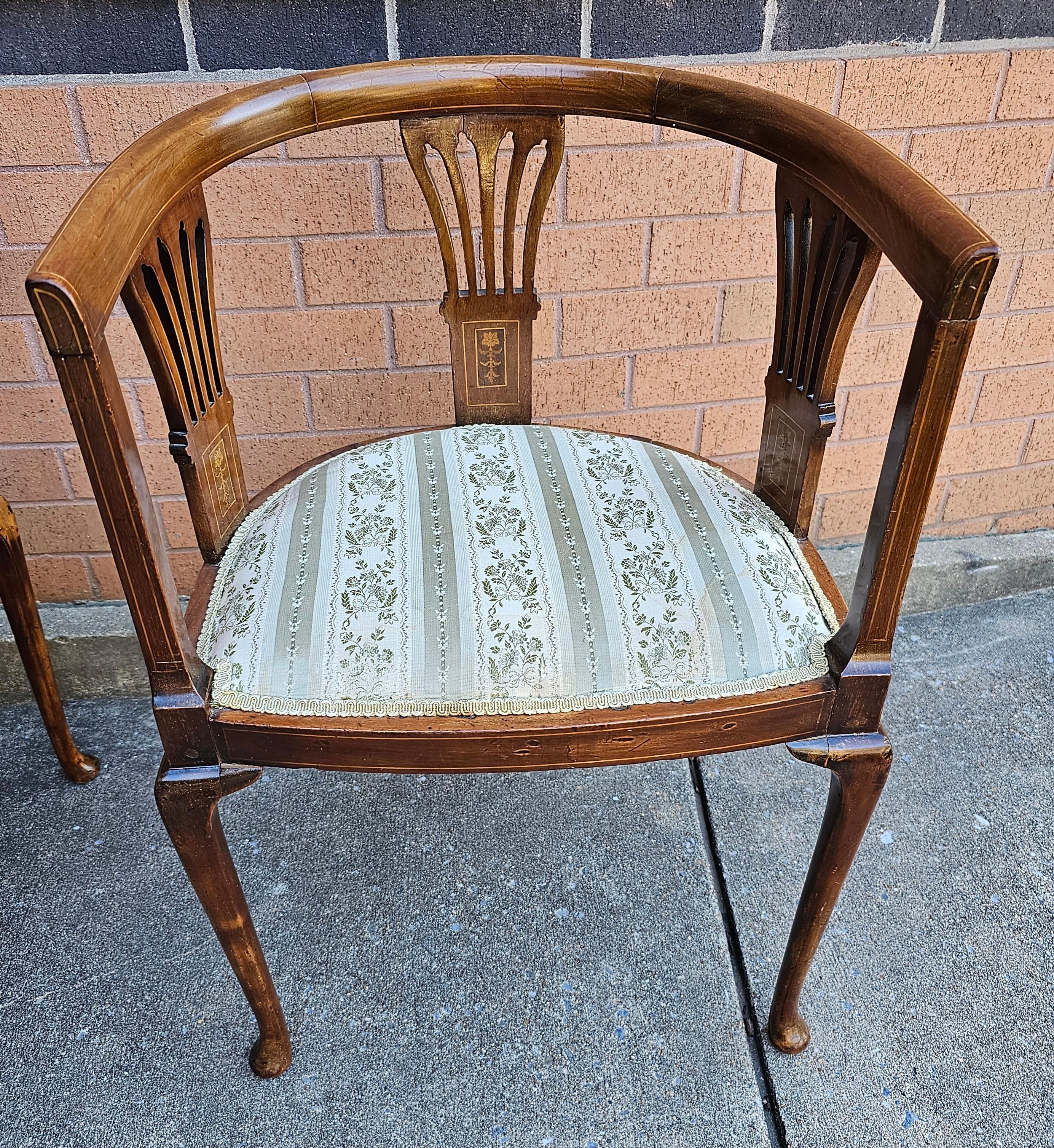Inlay Edwardian Satinwood Inlaid Mahogany Barrel-Back Upholstered Club Armchairs, Pair For Sale