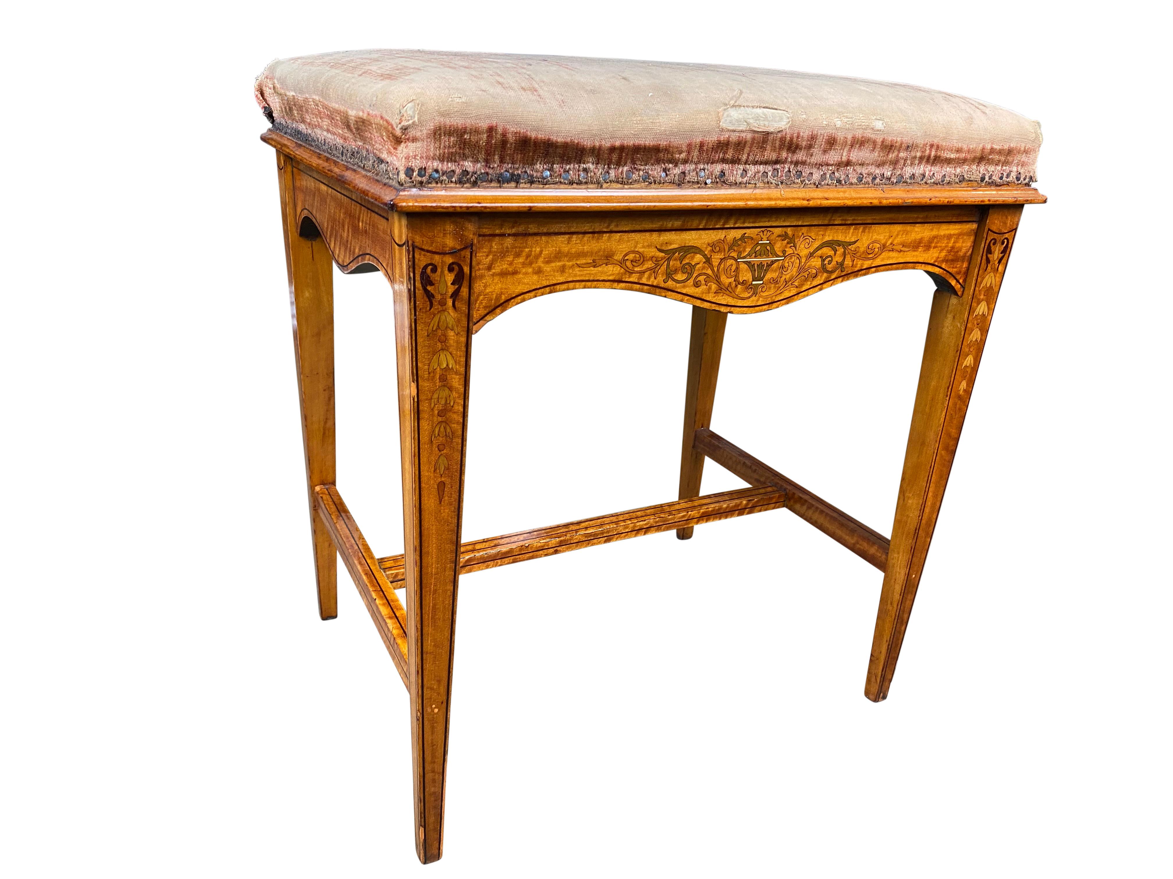 A stylish 19th century Edwardian satinwood inlay stool with floral markings veneering the wood. Attached with the original cushioning, this would make a fine collectors piece for a 19th century themed room. 

Dimensions (cm)
52H/50W/40D