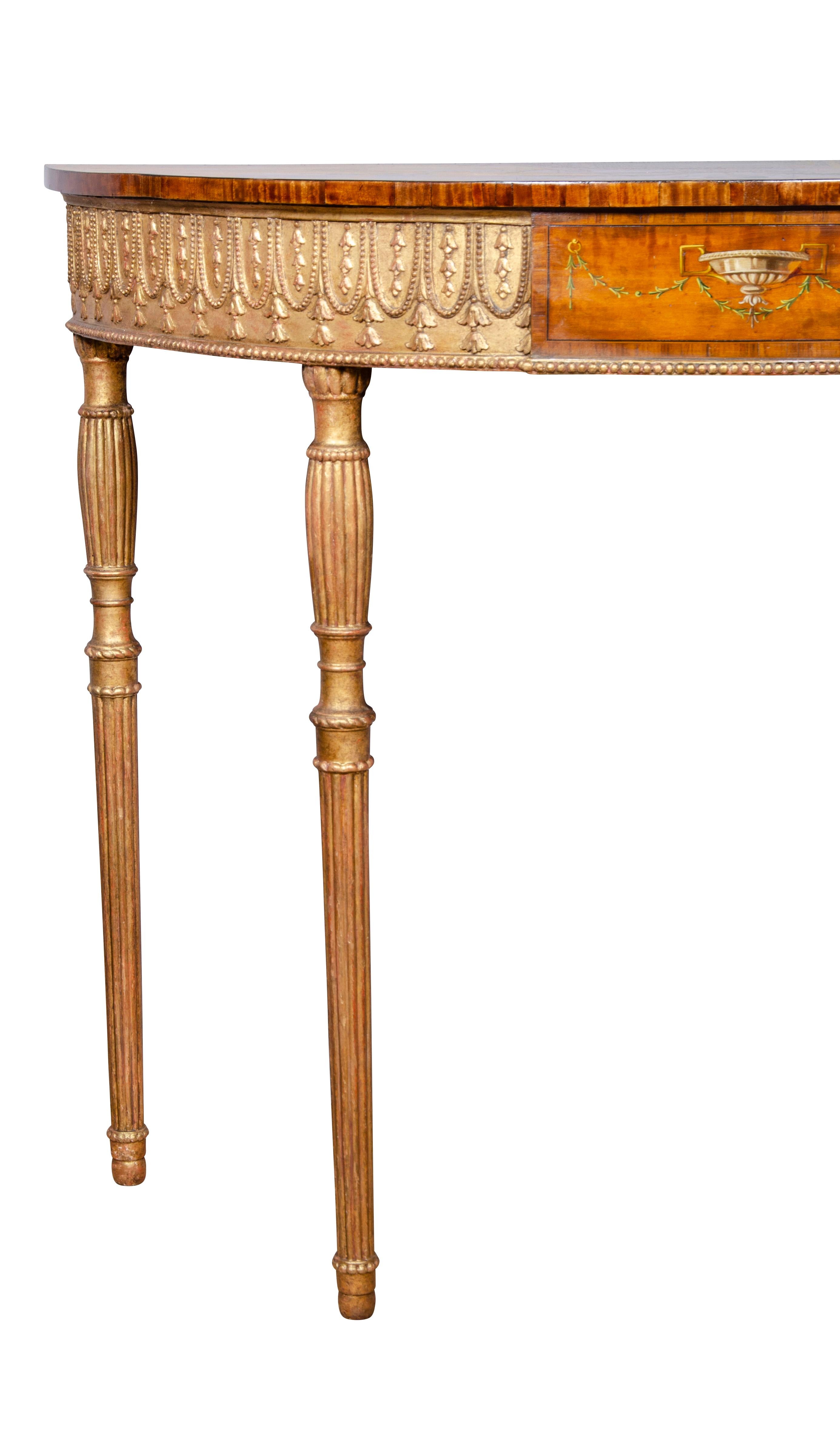 English Edwardian Satinwood, Gilded and Painted Console Table For Sale