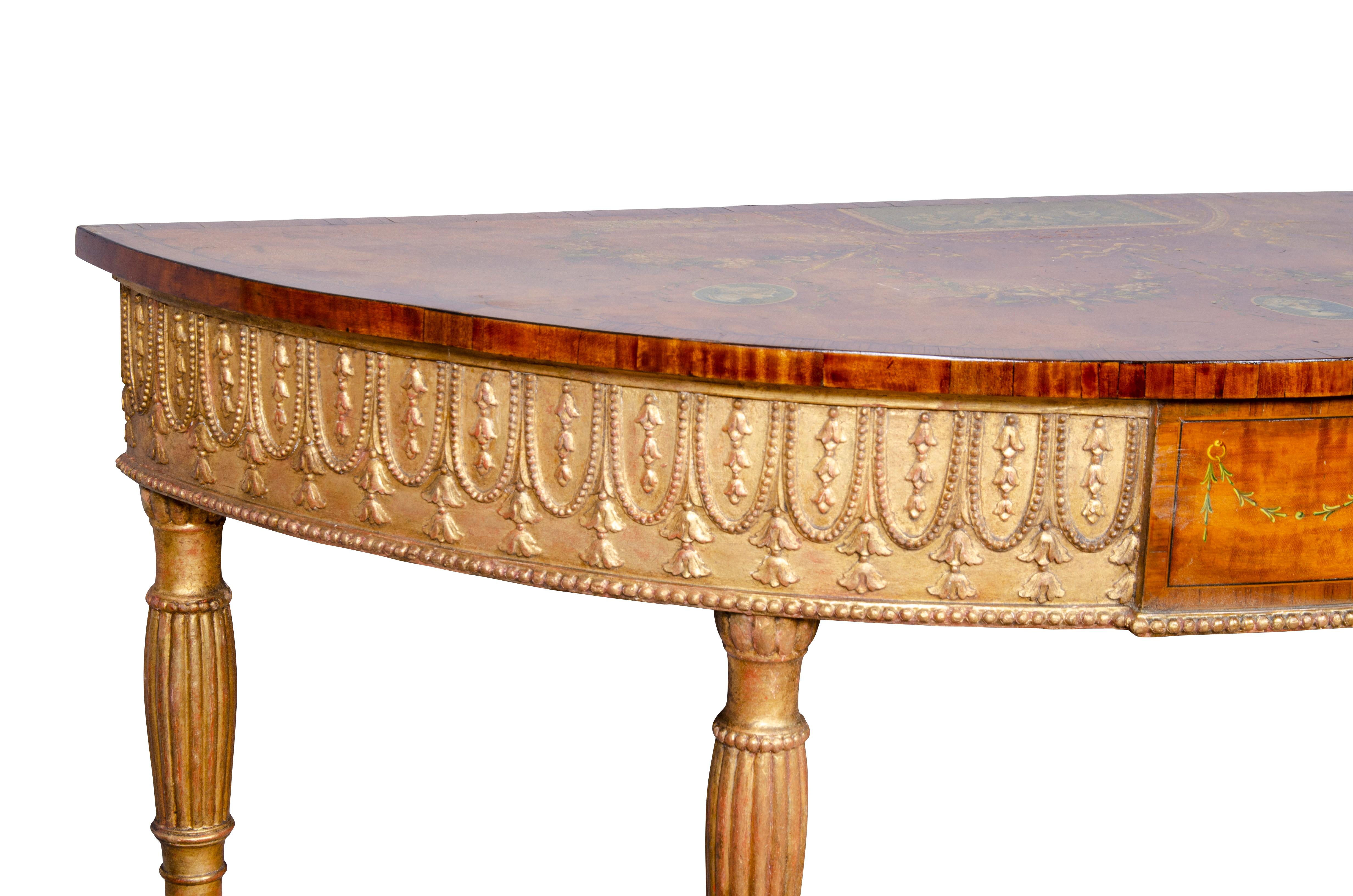 19th Century Edwardian Satinwood, Gilded and Painted Console Table For Sale