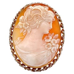 Edwardian Seed Pearl 10k Yellow Gold Shell Cameo Brooch 1910