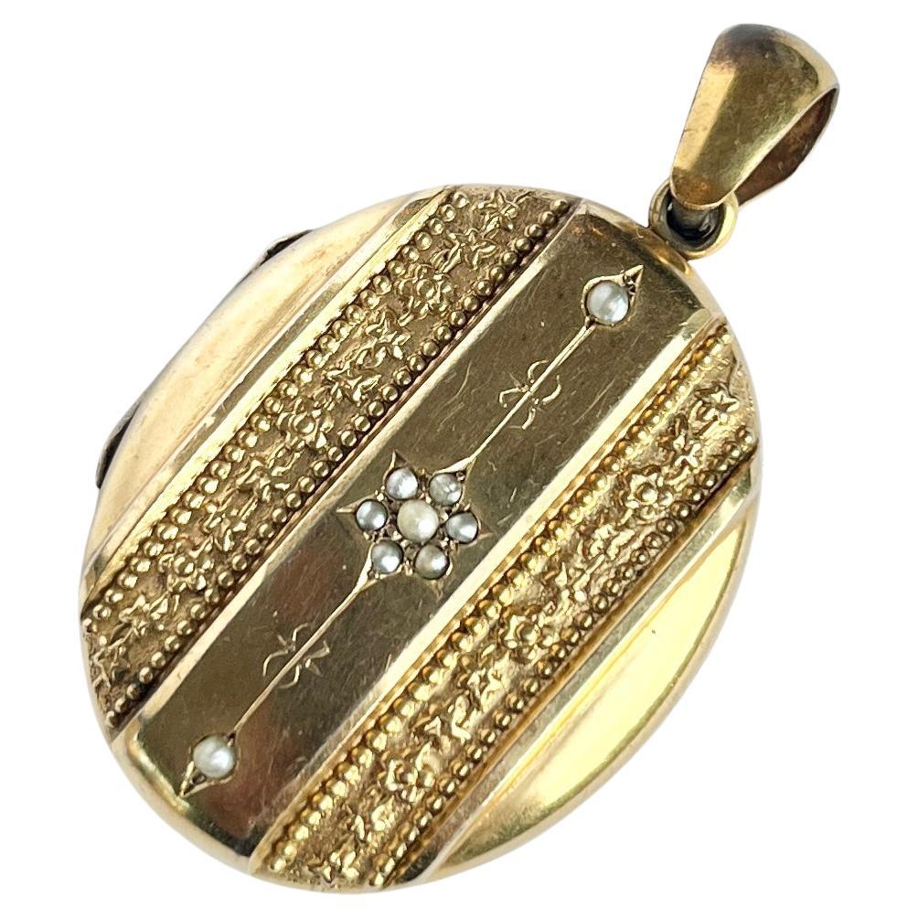 Edwardian Seed Pearl and 15 Carat Gold Locket For Sale