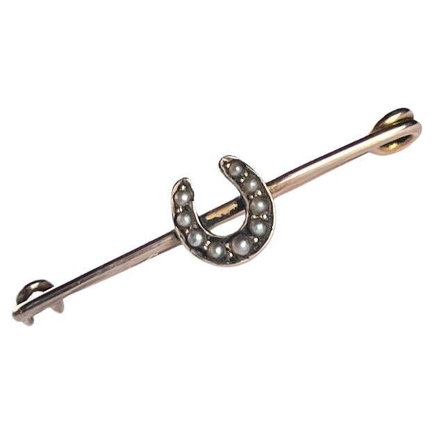 Edwardian Seed Pearl and 9 Carat Gold Horseshoe Pin Brooch For Sale