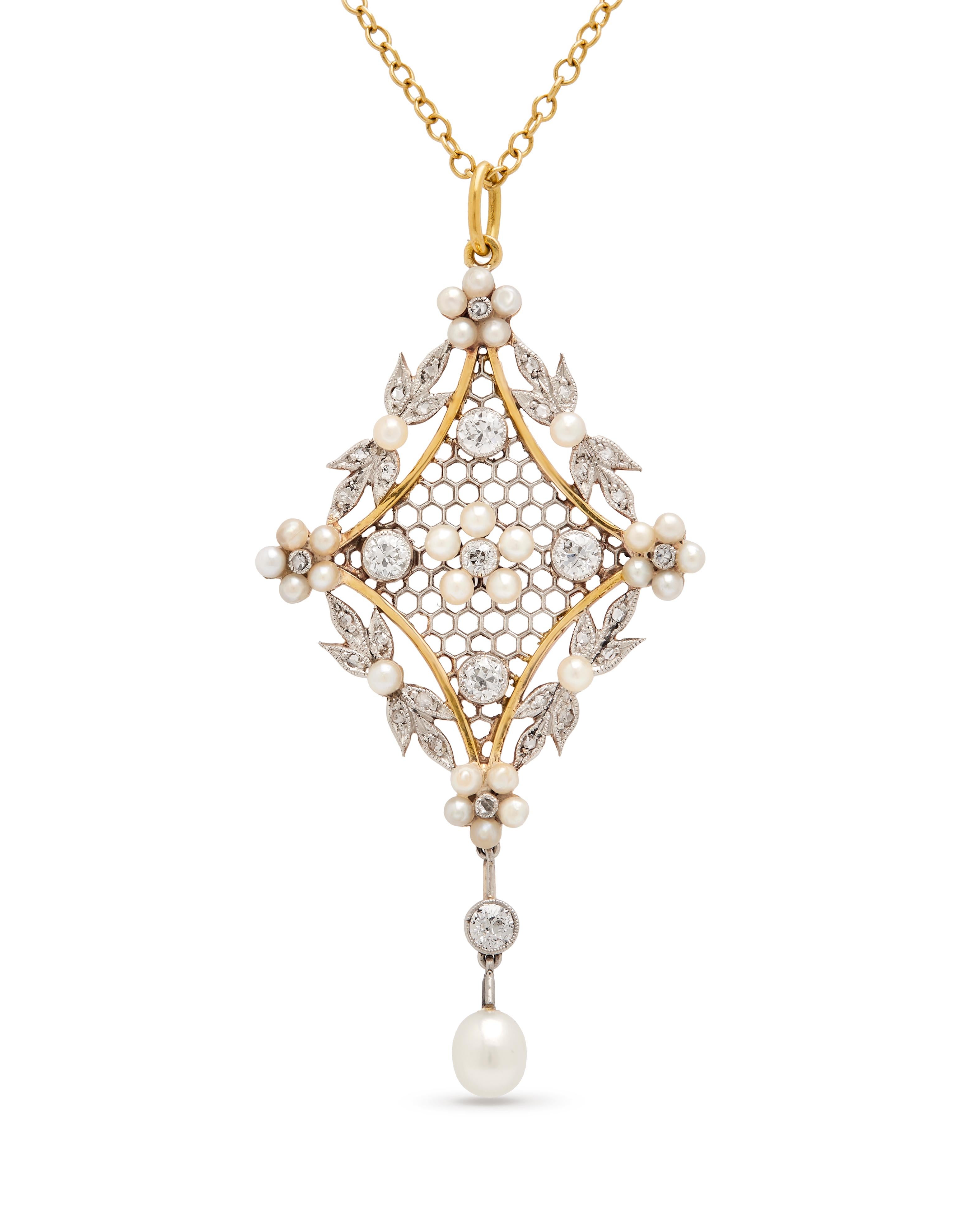 Edoardiano Pendente edoardiano con perle e diamanti in vendita
