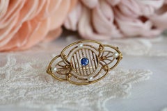 Filigran-Brosche aus 14-karätigem Gelbgold mit edwardianischen Saatperlen und Saphiren