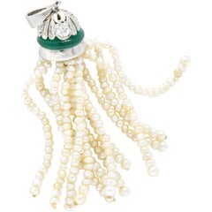 Edwardian Seed Pearl Chalcedony Diamond Platinum Tassel Pendant