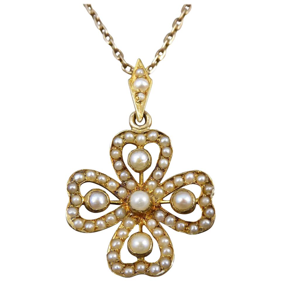 Edwardian Seed Pearl Clover 15 Carat Gold Pendant on 9 Carat Gold Chain