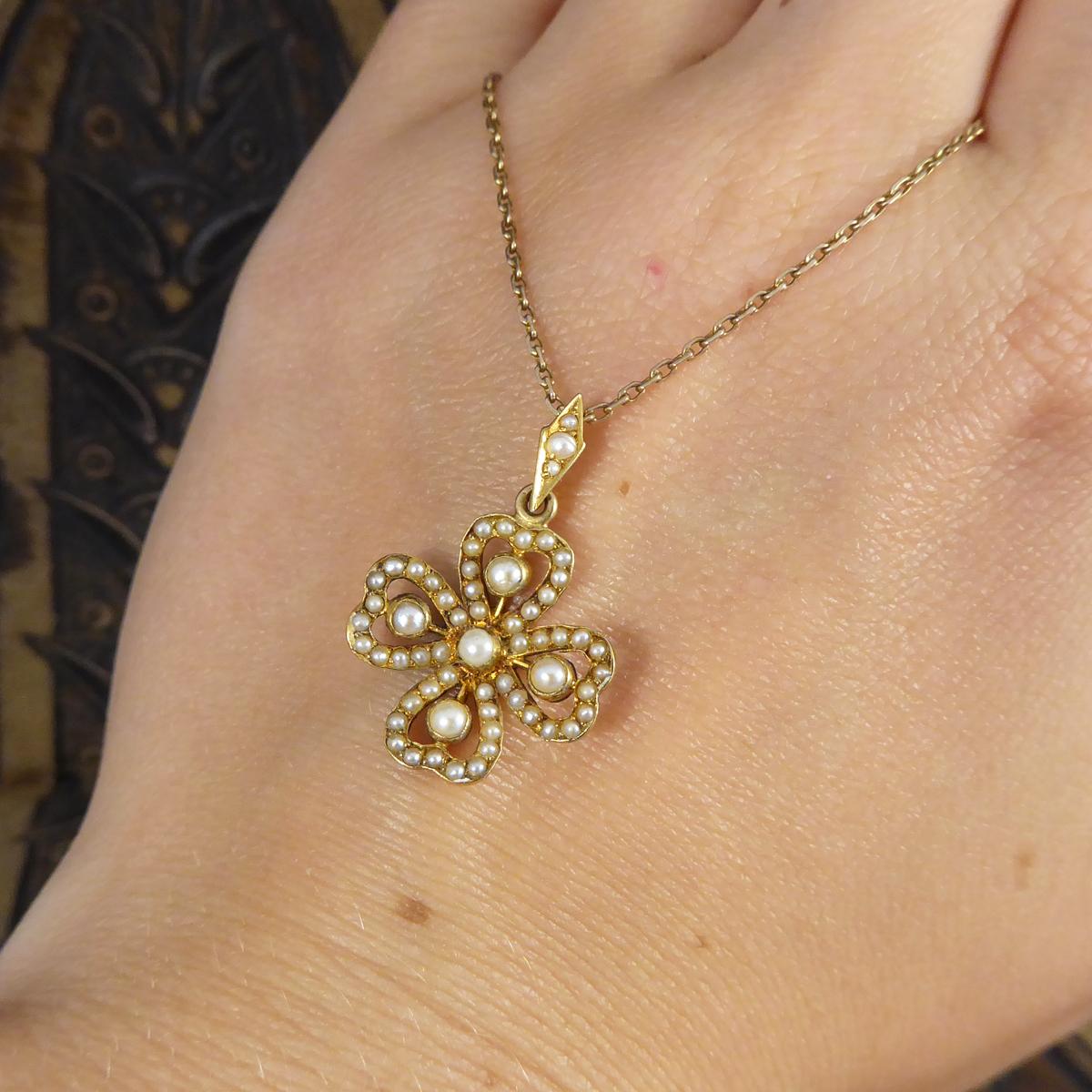 Edwardian Seed Pearl Clover 15 Carat Gold Pendant on 9 Carat Gold Chain 3