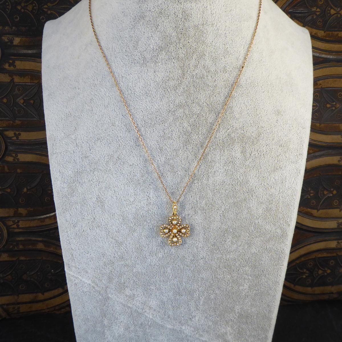 Edwardian Seed Pearl Clover 15 Carat Gold Pendant on 9 Carat Gold Chain 4