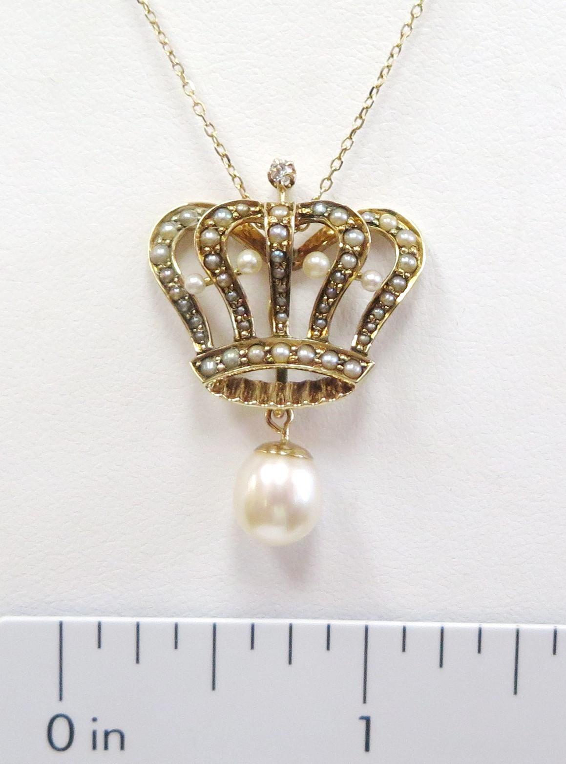 Old European Cut Edwardian Seed Pearl Crown Pendant Necklace with Removable Pearl 