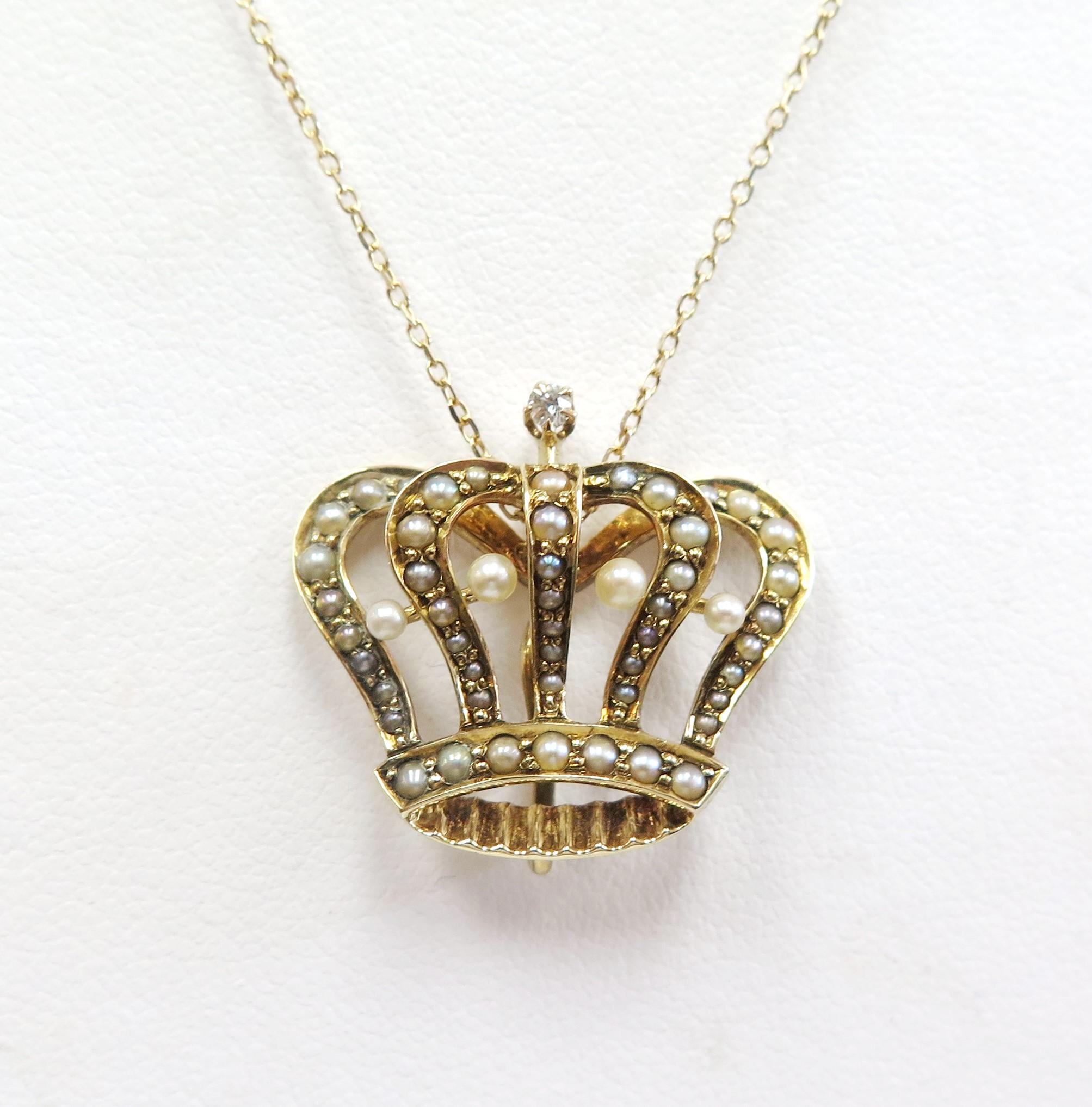 Edwardian Seed Pearl Crown Pendant Necklace with Removable Pearl  In Excellent Condition In Bellmore, NY