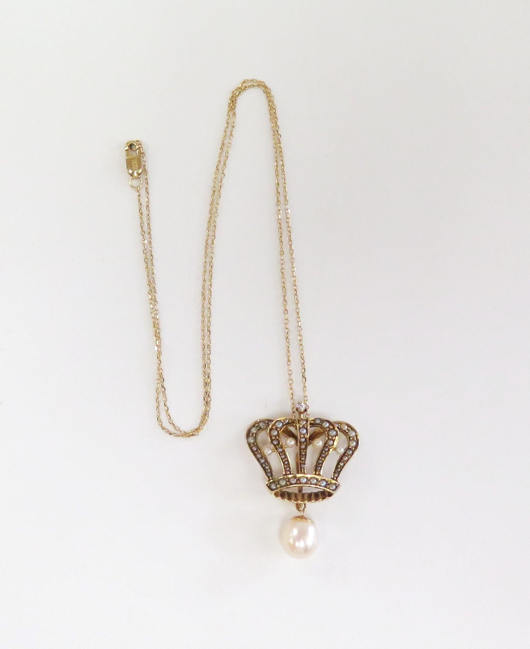 Edwardian Seed Pearl Crown Pendant Necklace with Removable Pearl  2