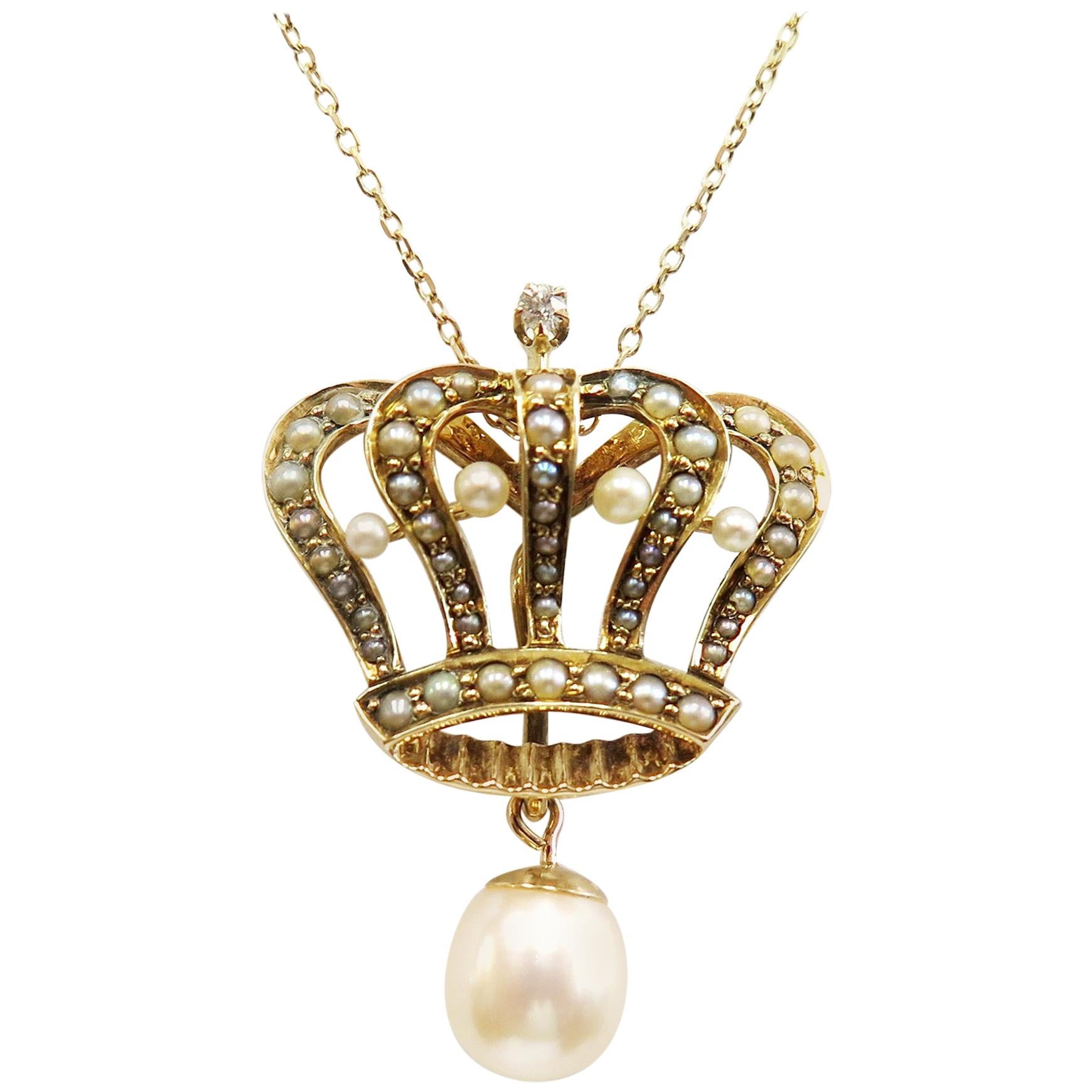 Edwardian Seed Pearl Crown Pendant Necklace with Removable Pearl 