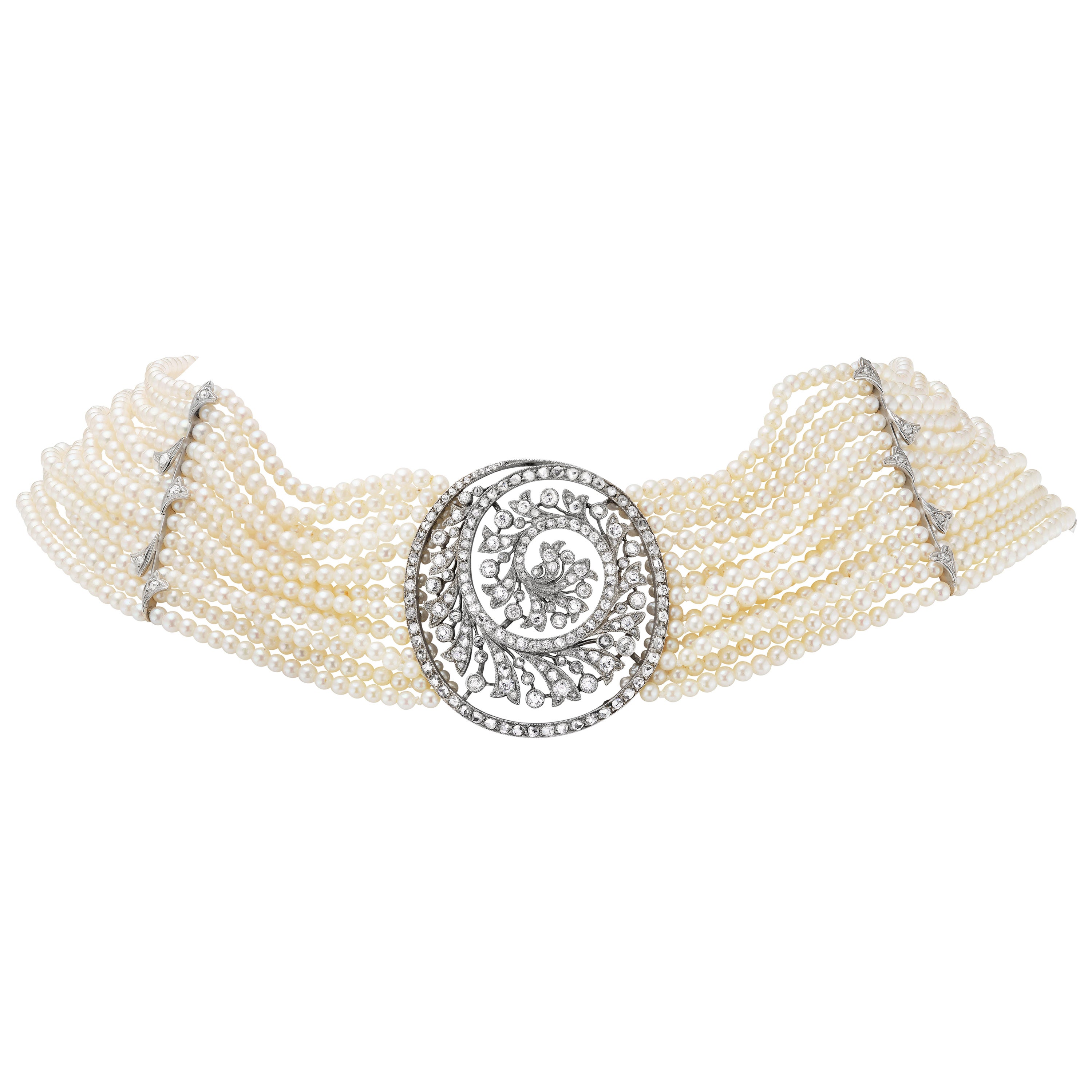 Edwardianische Saatperlen-, Diamant- und Platin-Halskette