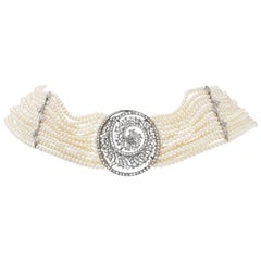 Edwardian Seed Pearl, Diamond, and Platinum Choker Necklace