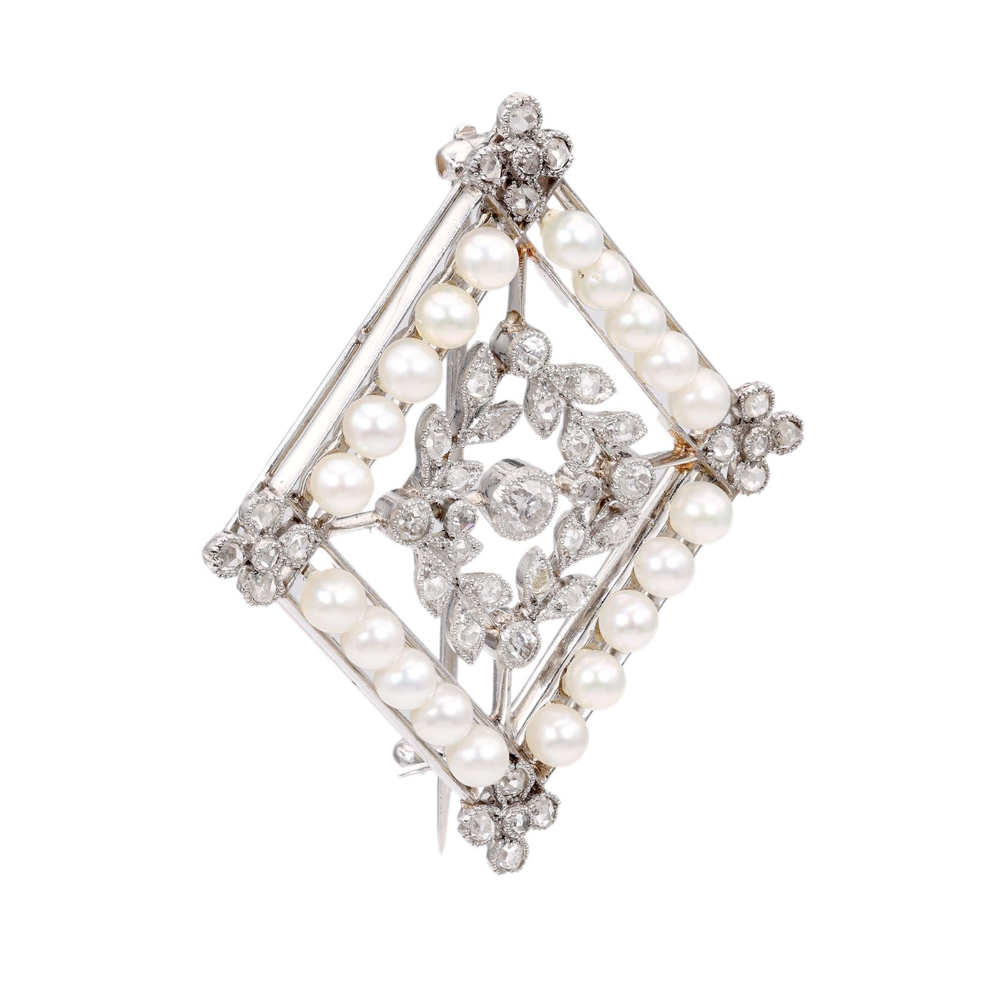 Rose Cut Edwardian Seed Pearl Diamond Platinum Brooch For Sale