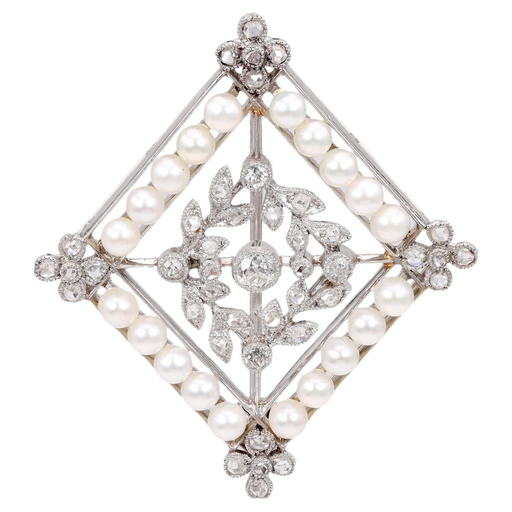 Edwardian Seed Pearl Diamond Platinum Brooch