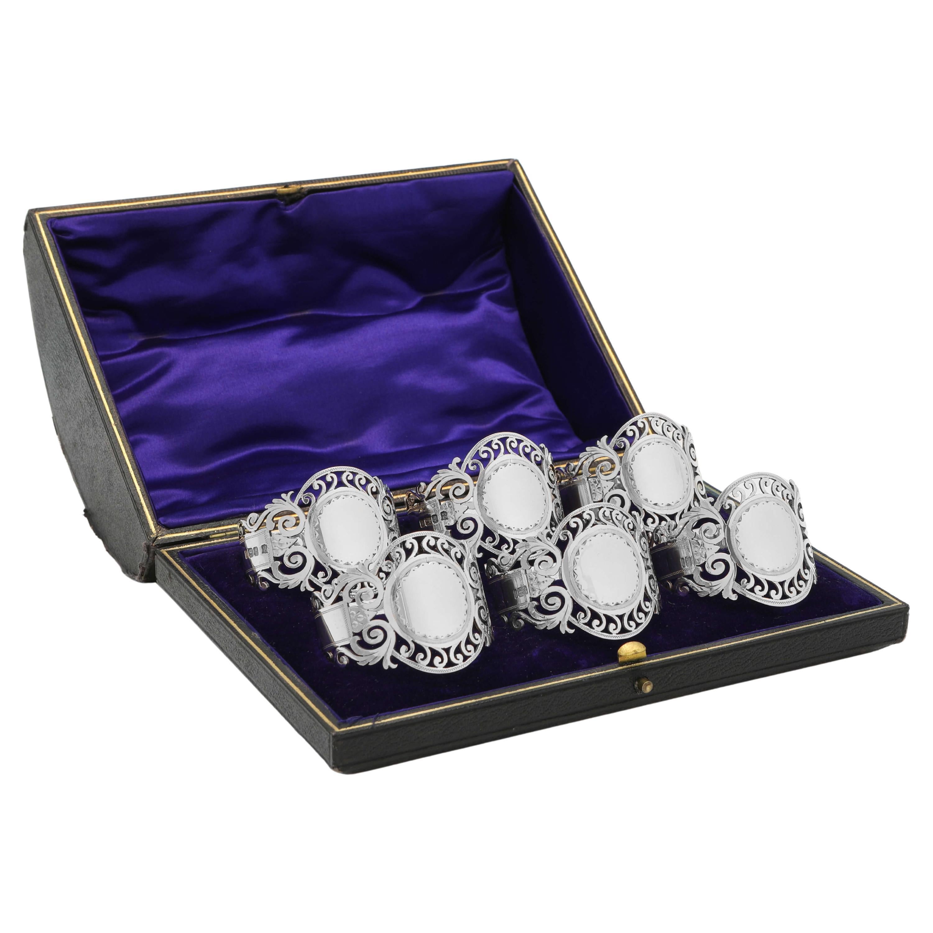 Edwardian Set of 6 Sterling Silver Napkin Rings, Sheffield 1908, Original Box