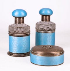 Edwardian Set of Silver Cut Glass and Guilloché Enamel Perfume Bottles with Box