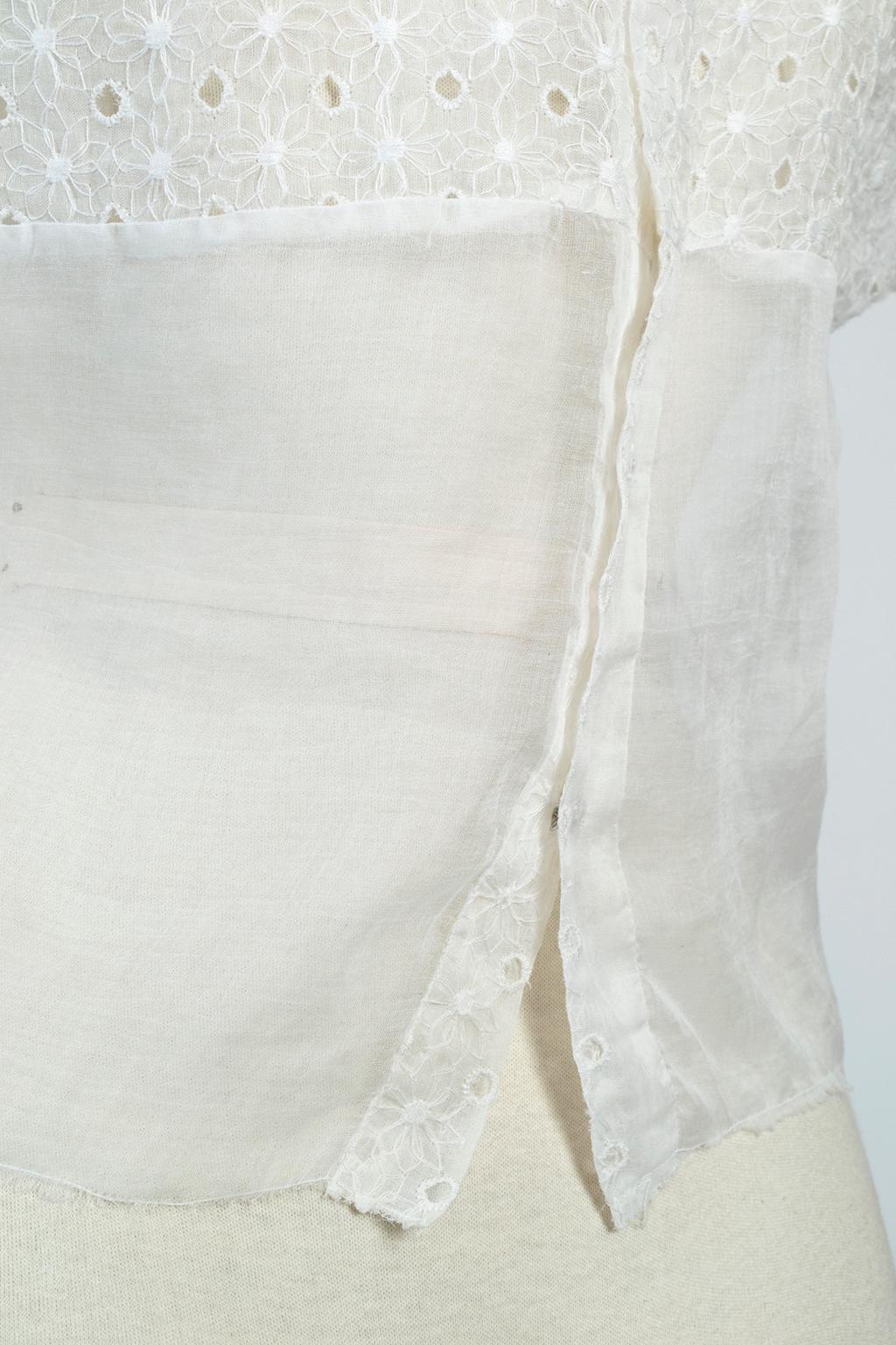 Edwardian Sheer White Organdy Eyelet Cap Sleeve Blouse w Square Neck  – S, 1910s For Sale 7