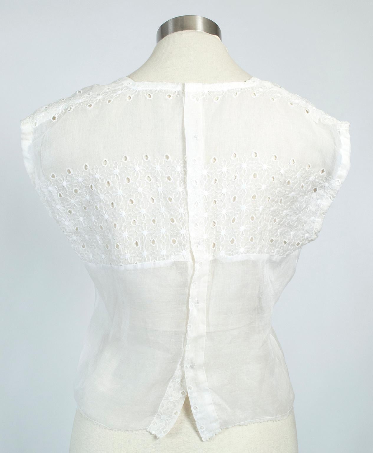 Edwardian Sheer White Organdy Eyelet Cap Sleeve Blouse w Square Neck  – S, 1910s For Sale 1