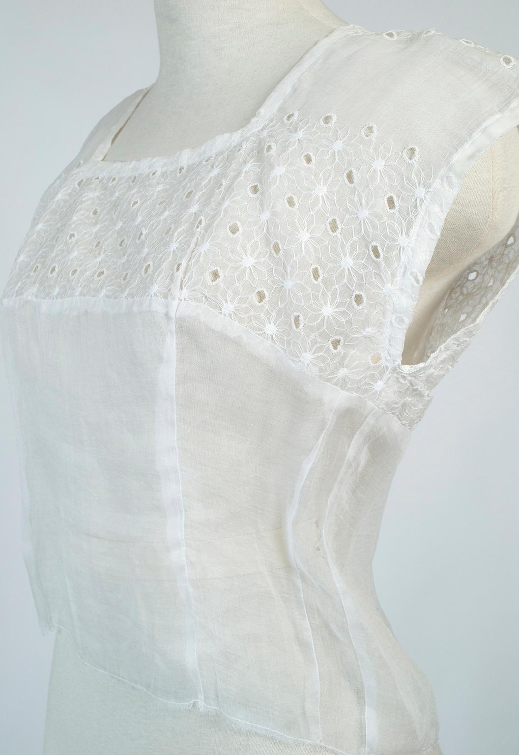 Edwardian Sheer White Organdy Eyelet Cap Sleeve Blouse w Square Neck  – S, 1910s For Sale 2