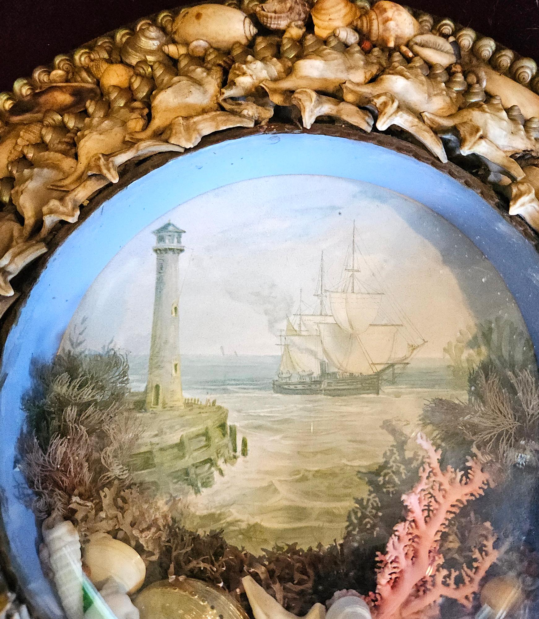 Edwardian Shellwork Valentine Diorama von einem Leuchtturm mit Schiff (Englisch) im Angebot