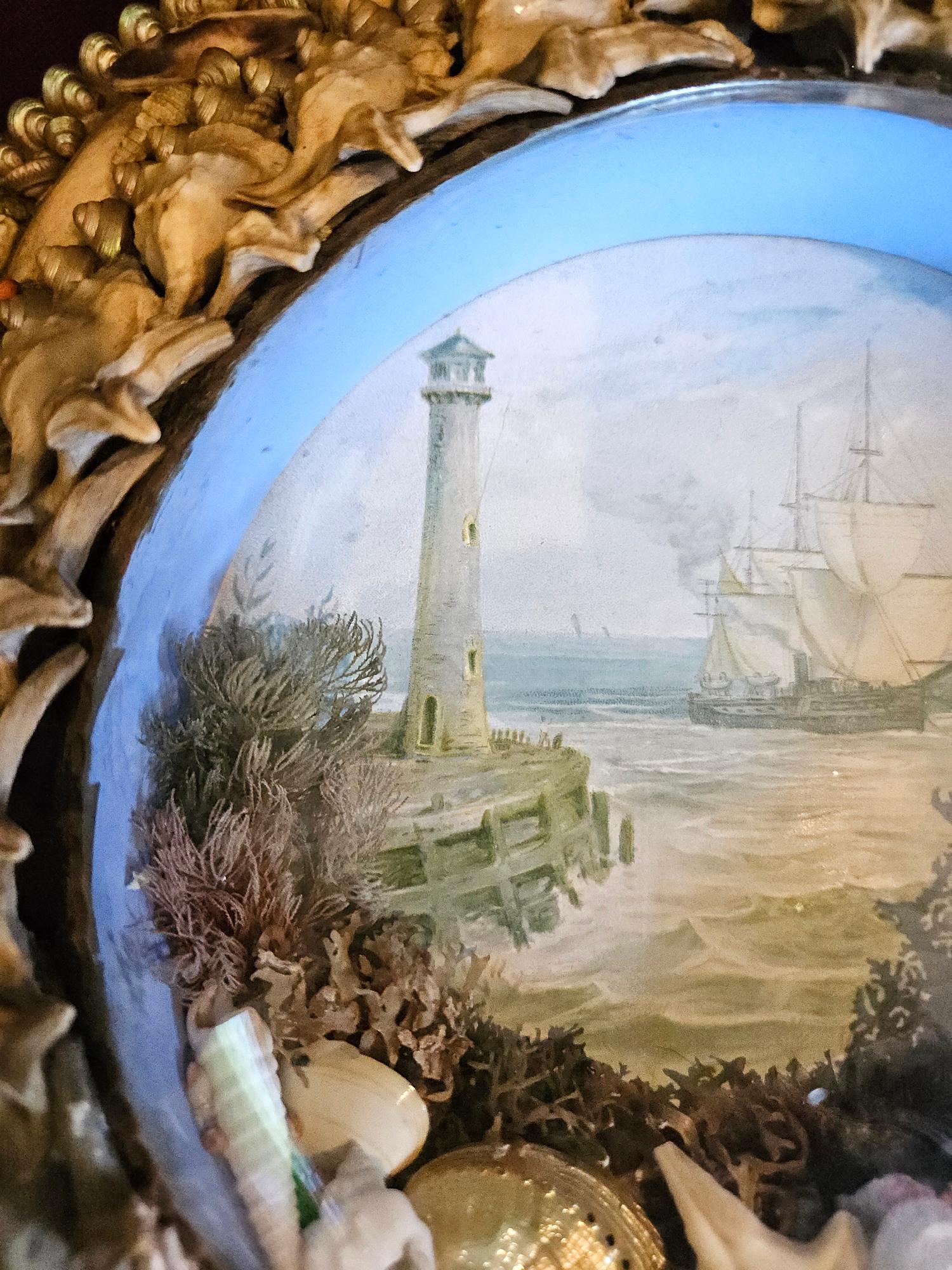 Edwardian Shellwork Valentine Diorama von einem Leuchtturm mit Schiff im Zustand „Gut“ im Angebot in Downingtown, PA
