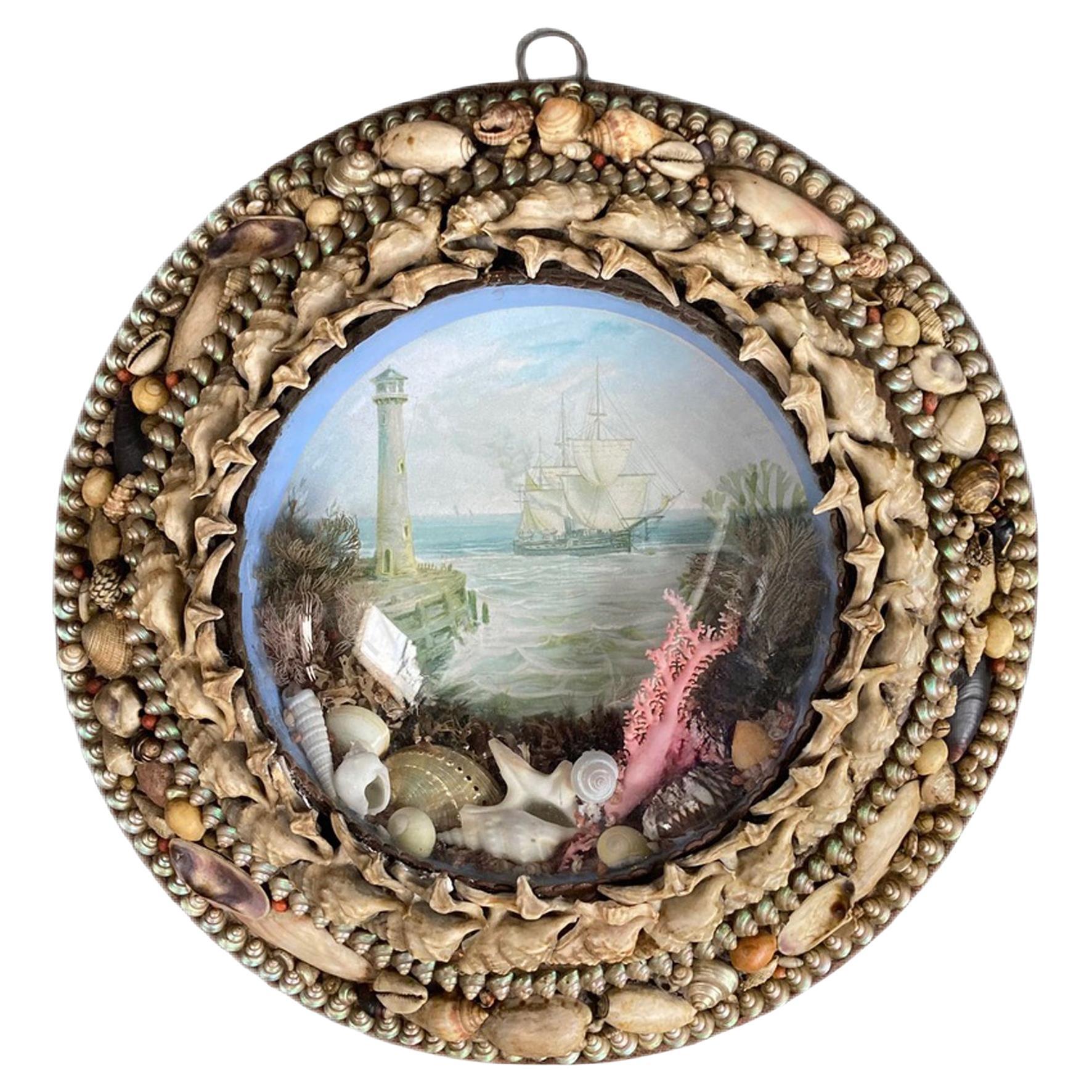 Edwardian Shellwork Valentine Diorama of a Lighthouse with Ship