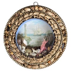 Antique Edwardian Shellwork Valentine Diorama of a Lighthouse with Ship