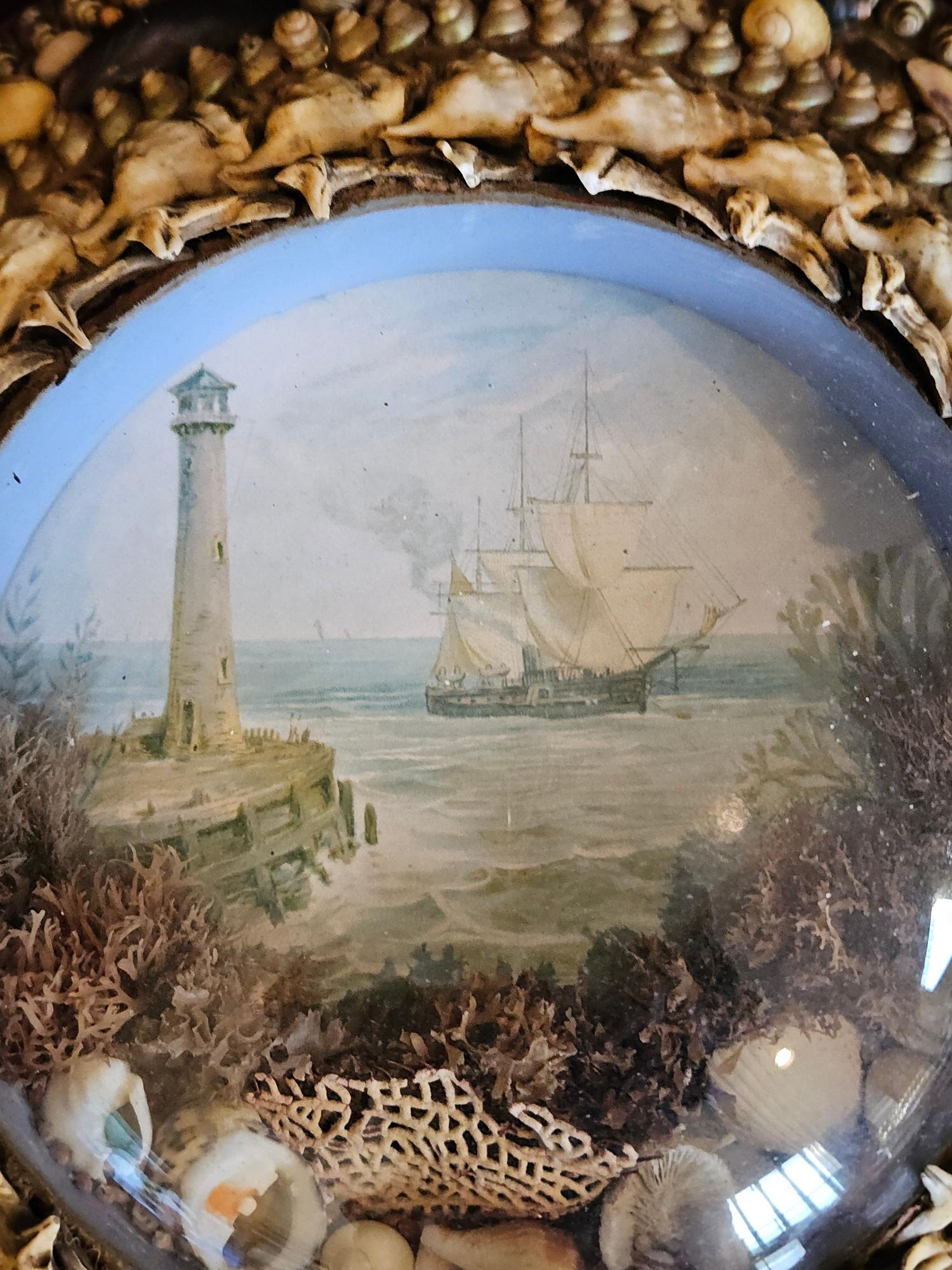 Edwardian Shellwork Valentine Diorama of a Ship Passing Lighthouse For Sale 6