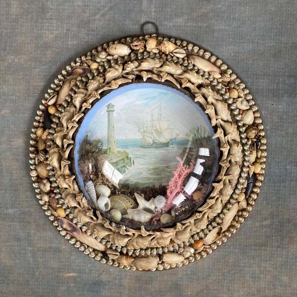 Edwardian Shellwork Valentine Diorama of a Ship Passing Lighthouse For Sale 8