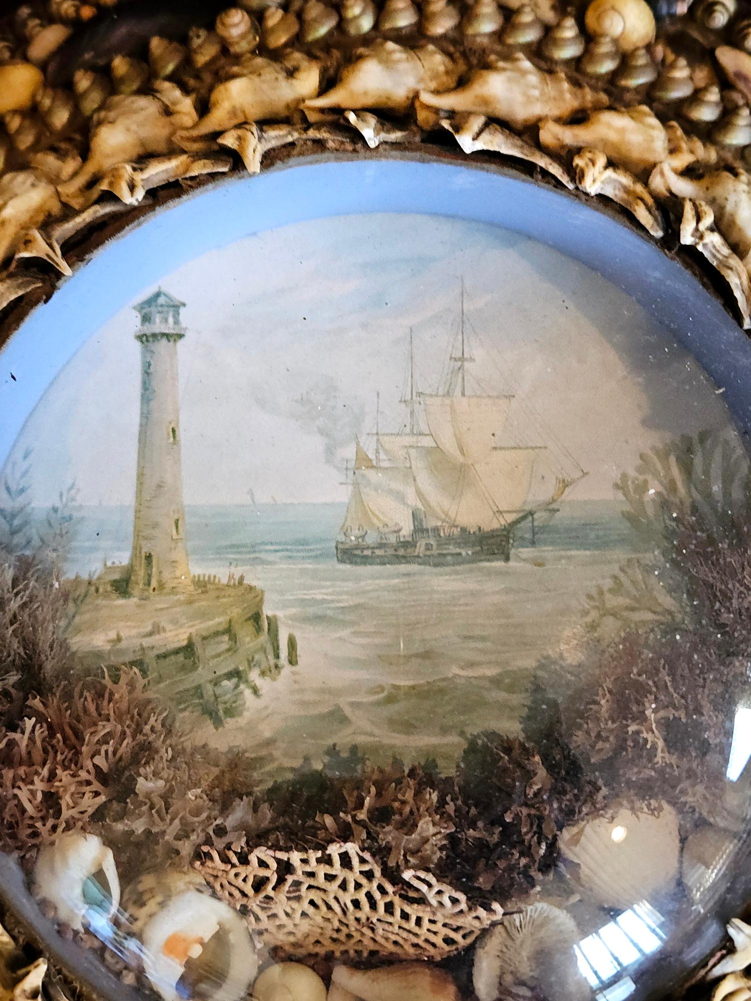 Folk Art Edwardian Shellwork Valentine Diorama of a Ship Passing Lighthouse For Sale