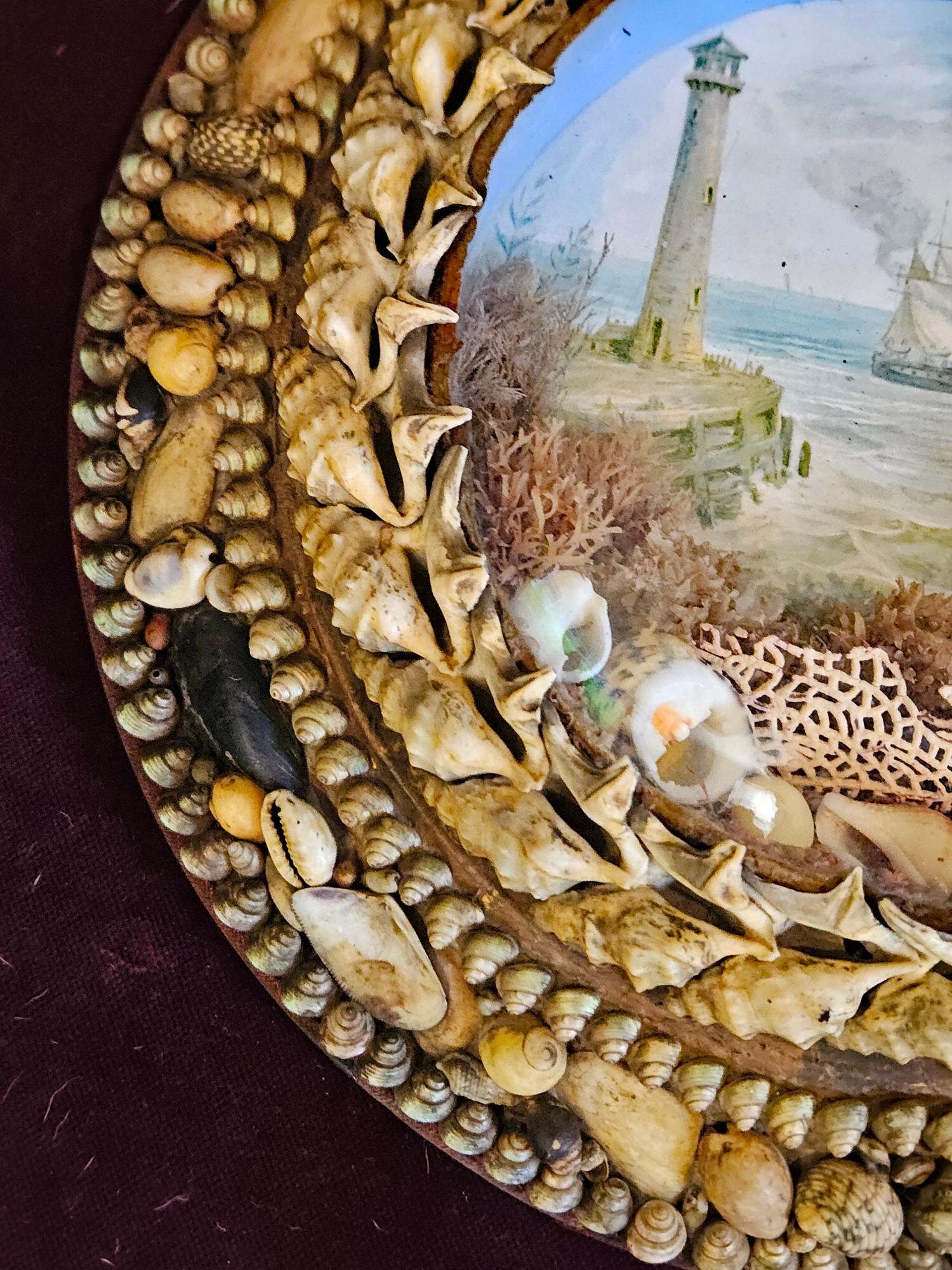 Edwardian Shellwork Valentine Diorama of a Ship Passing Lighthouse For Sale 1
