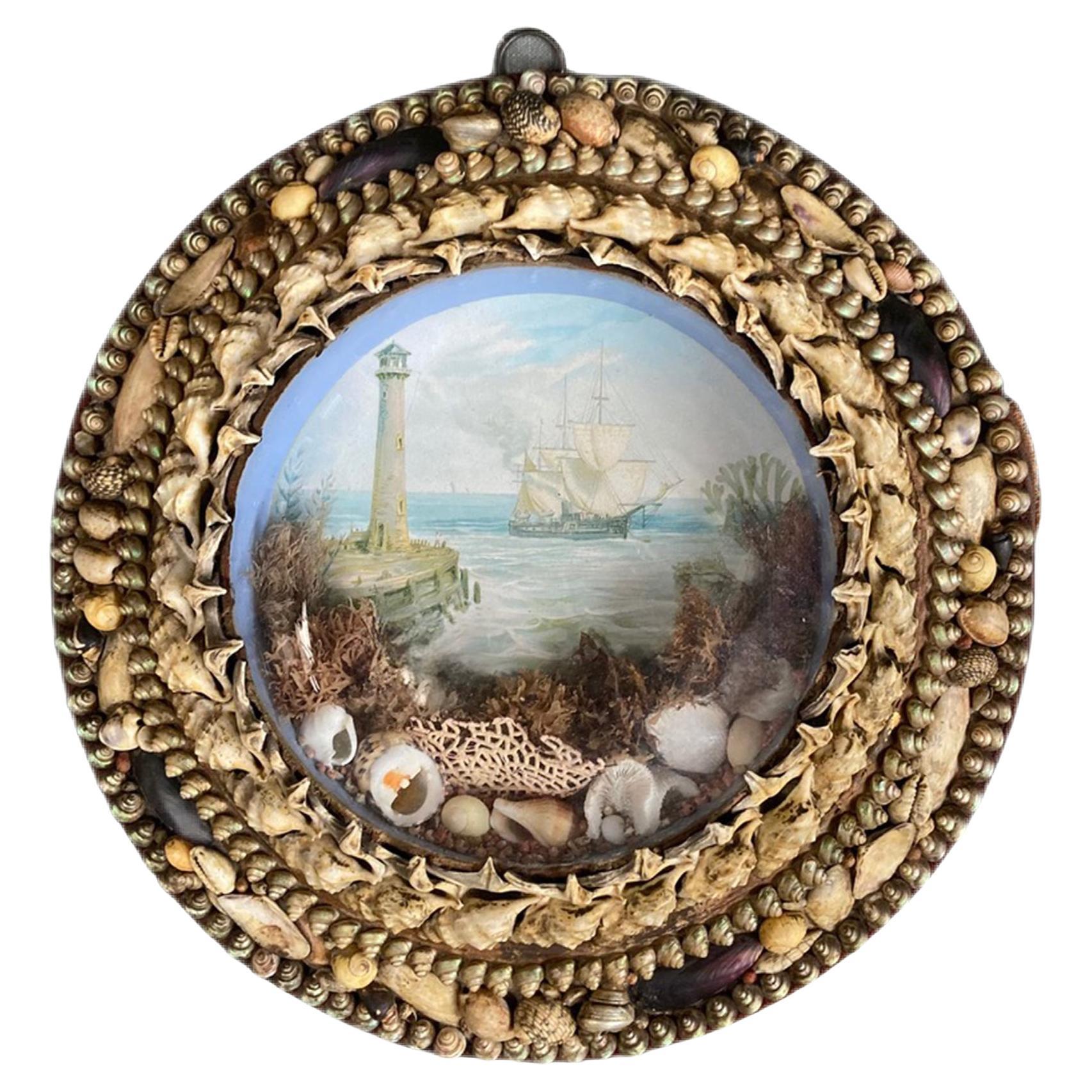 Edwardian Shellwork Valentine Diorama of a Ship Passing Lighthouse