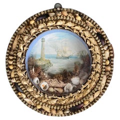Antique Edwardian Shellwork Valentine Diorama of a Ship Passing Lighthouse