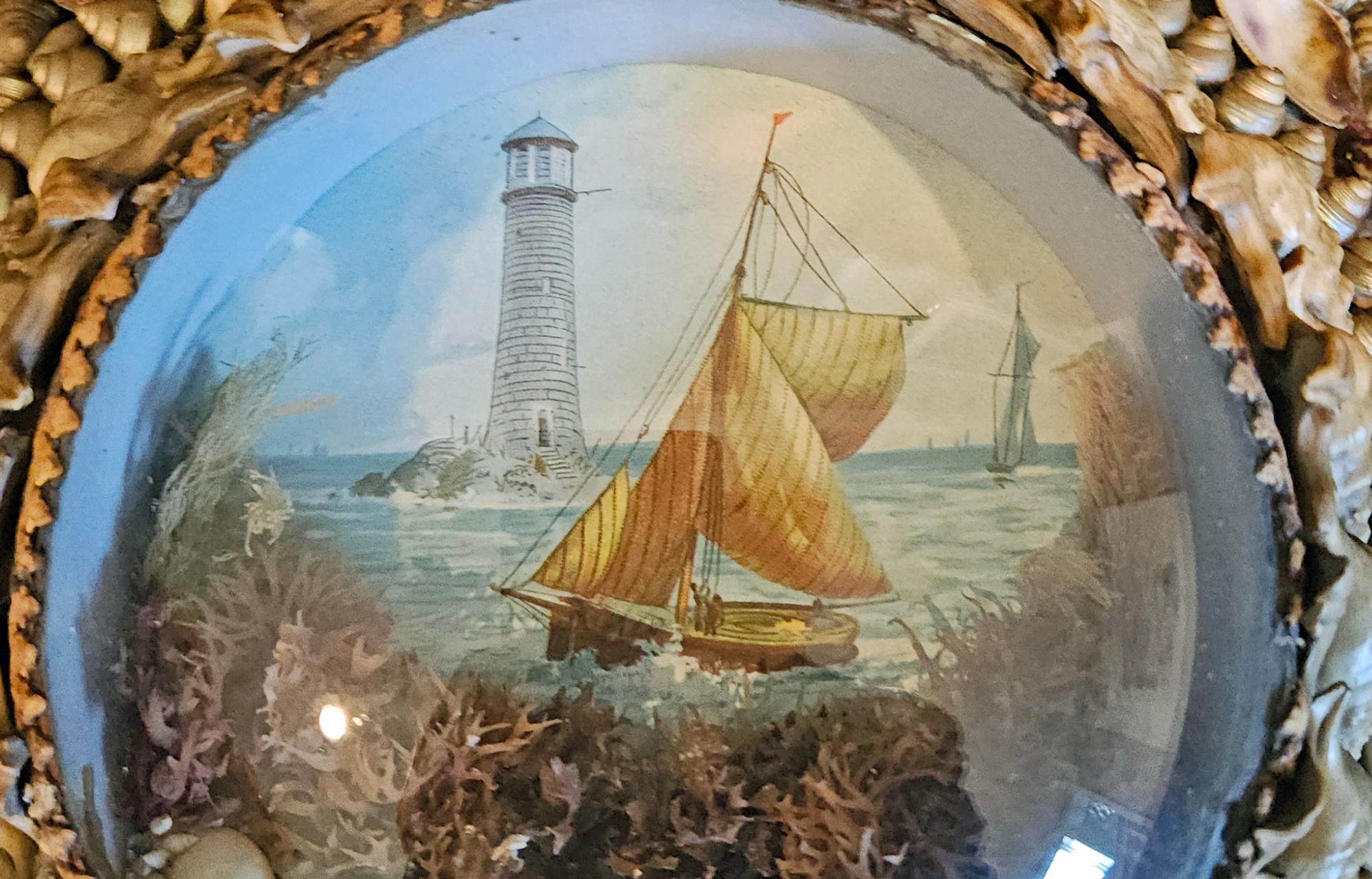 Folk Art Edwardian Shellwork Valentine Diorama of a Sloop under Sail For Sale