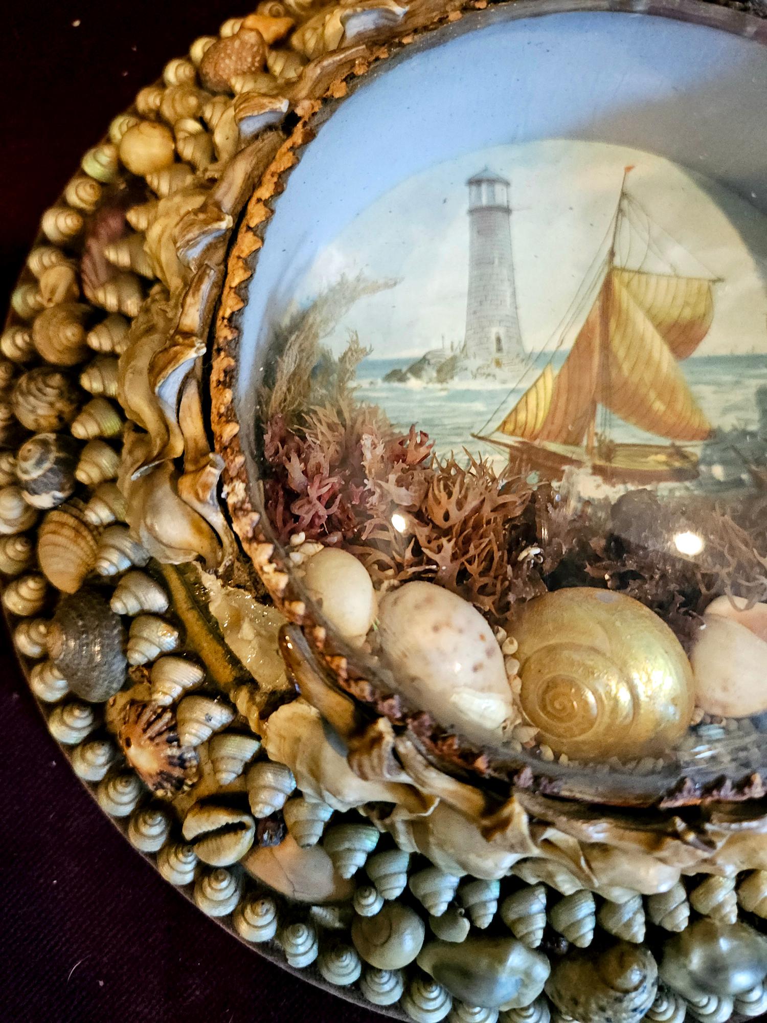 Edwardian Shellwork Valentine Diorama of a Sloop under Sail In Good Condition For Sale In Downingtown, PA